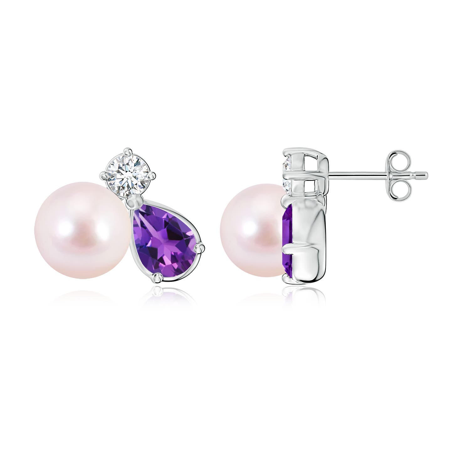8mm AAAA Akoya Pearl and Pear Amethyst Cluster Stud Earrings in White Gold