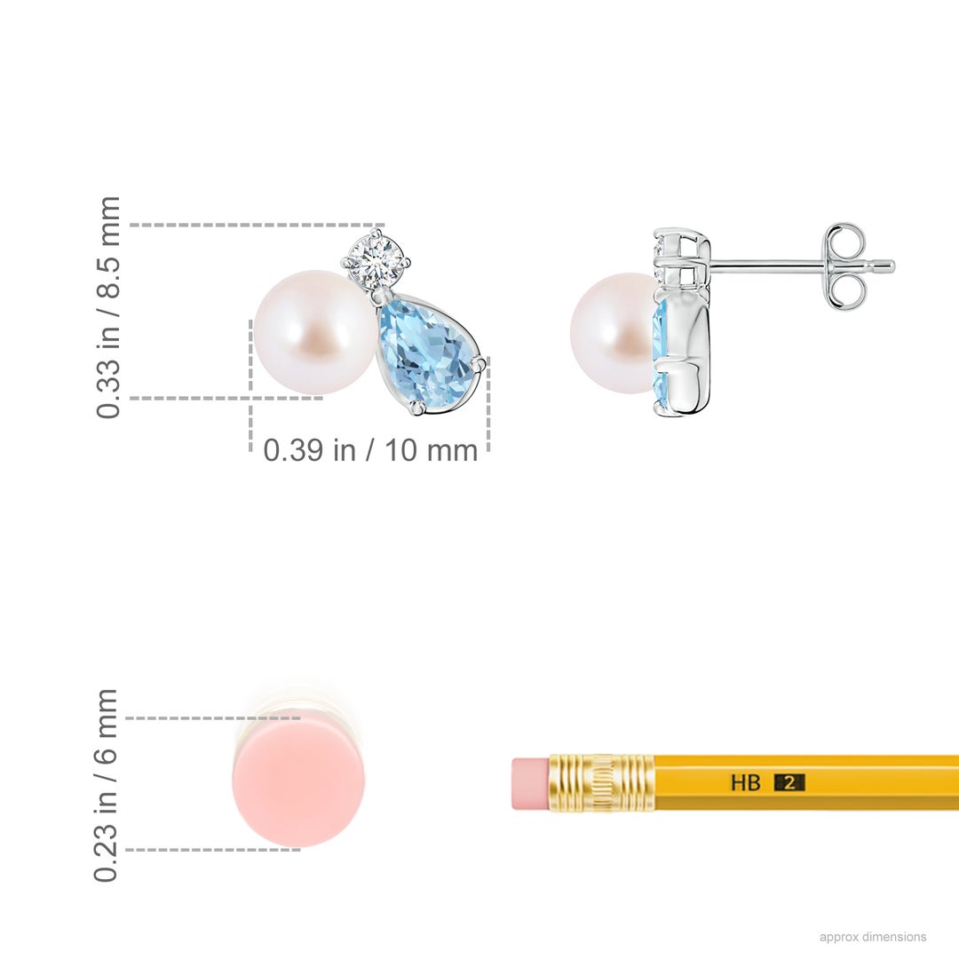6mm AAA Akoya Pearl and Pear Aquamarine Cluster Stud Earrings in White Gold - ruler