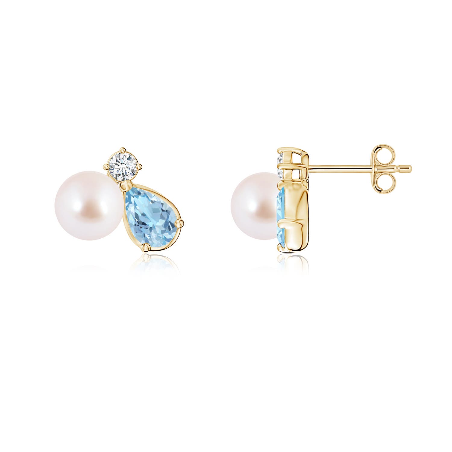 6mm AAA Akoya Pearl and Pear Aquamarine Cluster Stud Earrings in Yellow Gold