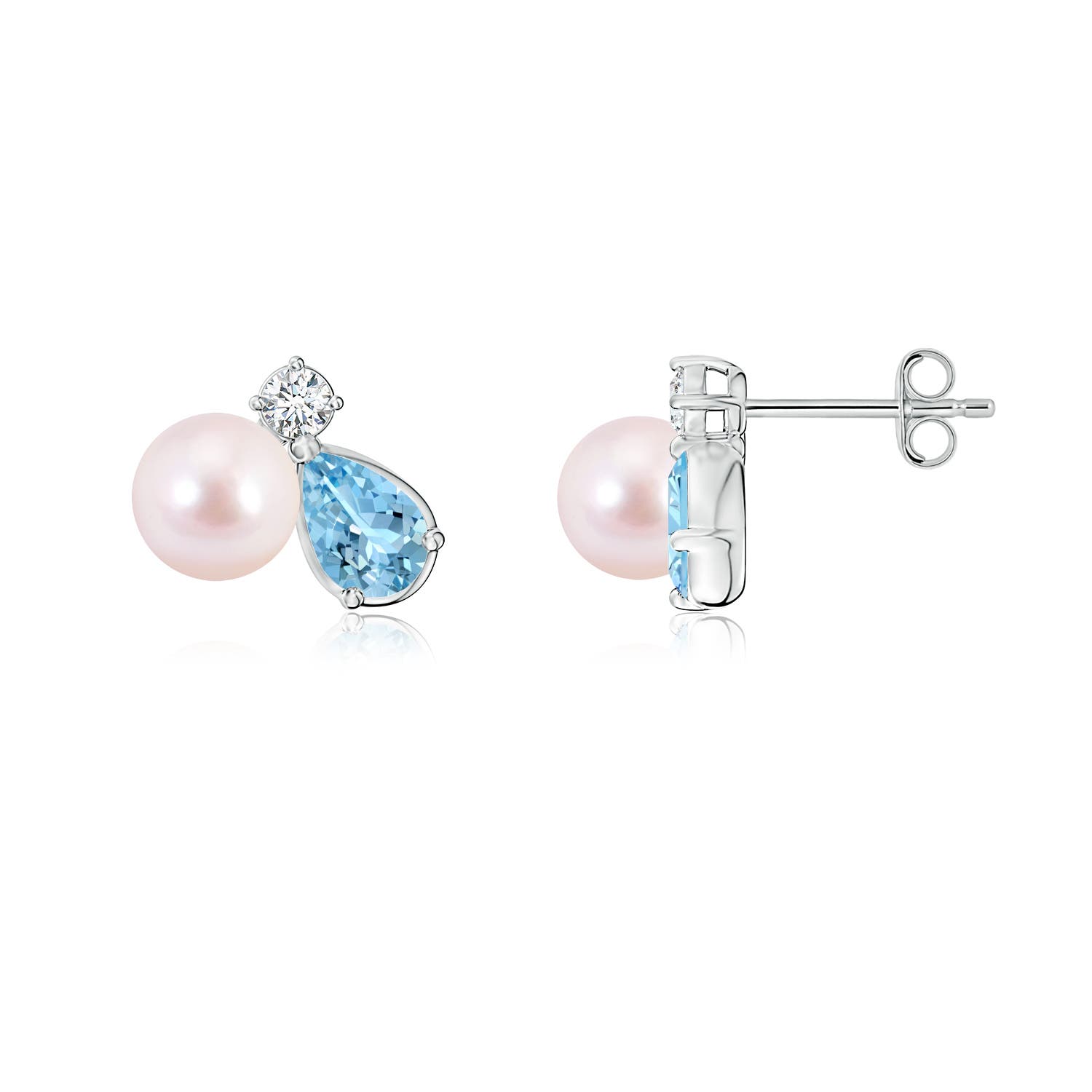 6mm AAAA Akoya Pearl and Pear Aquamarine Cluster Stud Earrings in White Gold