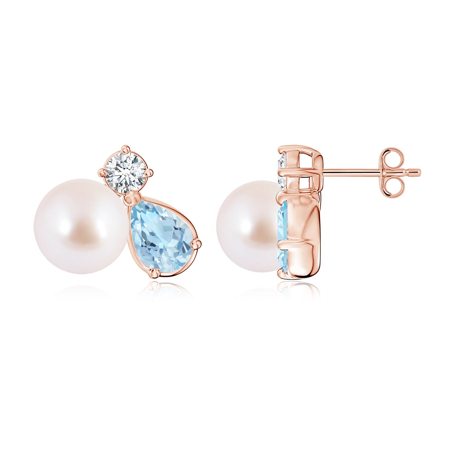 8mm AAA Akoya Pearl and Pear Aquamarine Cluster Stud Earrings in Rose Gold