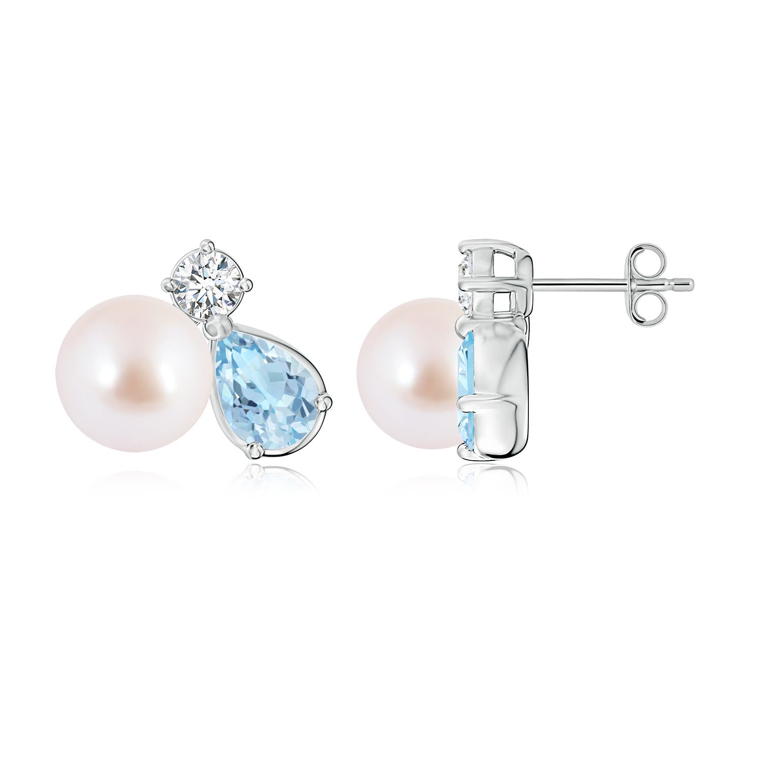 8mm AAA Akoya Pearl and Pear Aquamarine Cluster Stud Earrings in White Gold