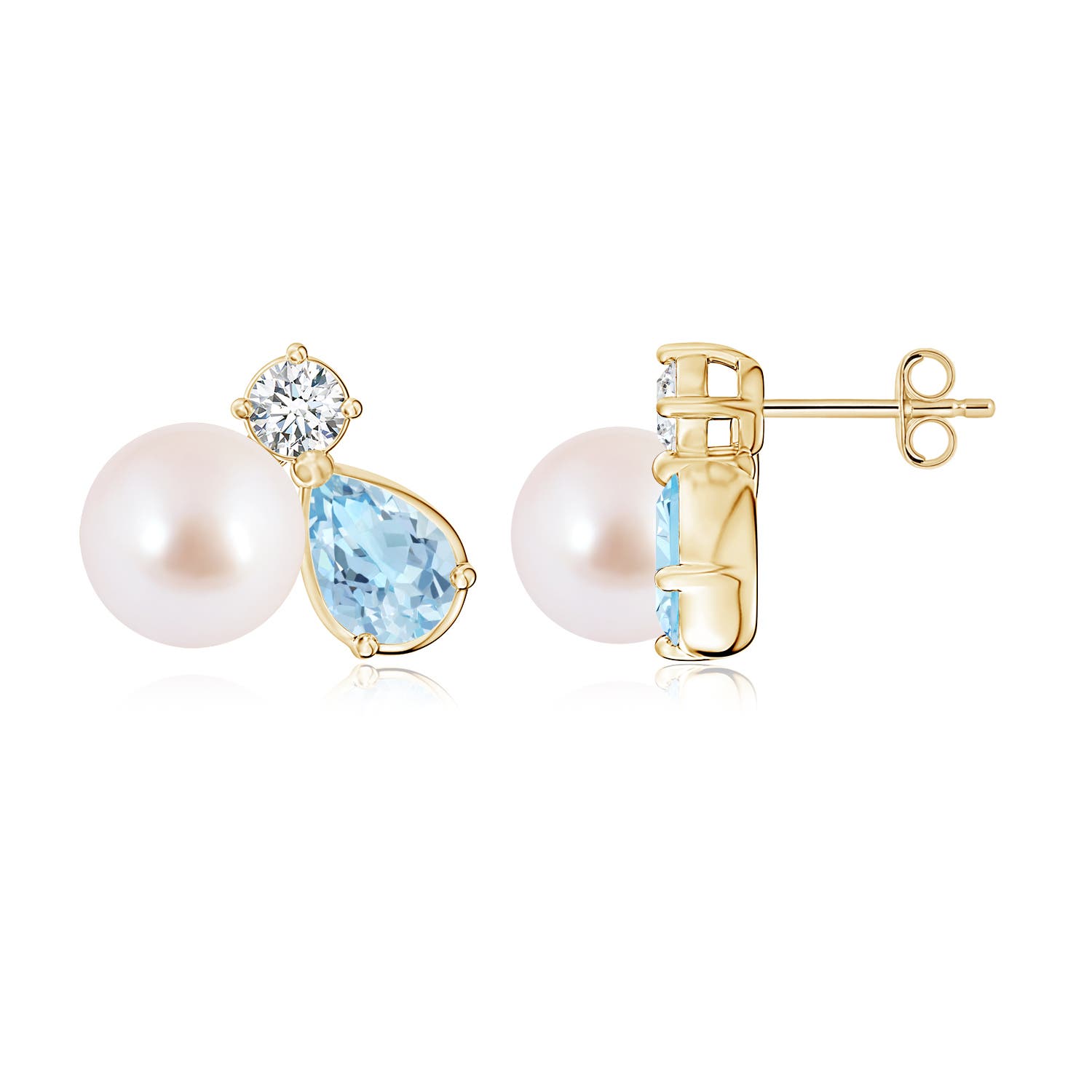 8mm AAA Akoya Pearl and Pear Aquamarine Cluster Stud Earrings in Yellow Gold