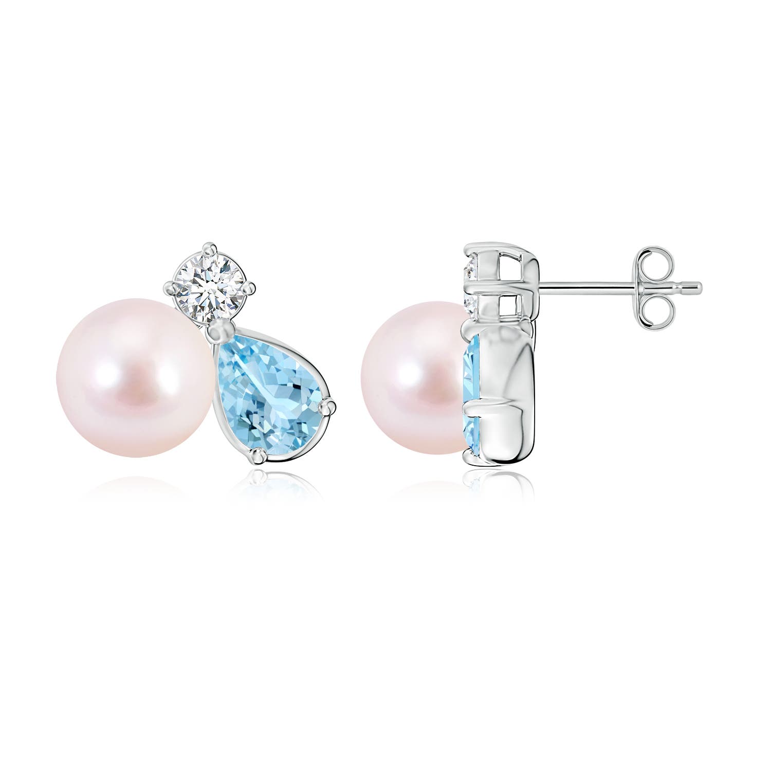 8mm AAAA Akoya Pearl and Pear Aquamarine Cluster Stud Earrings in White Gold