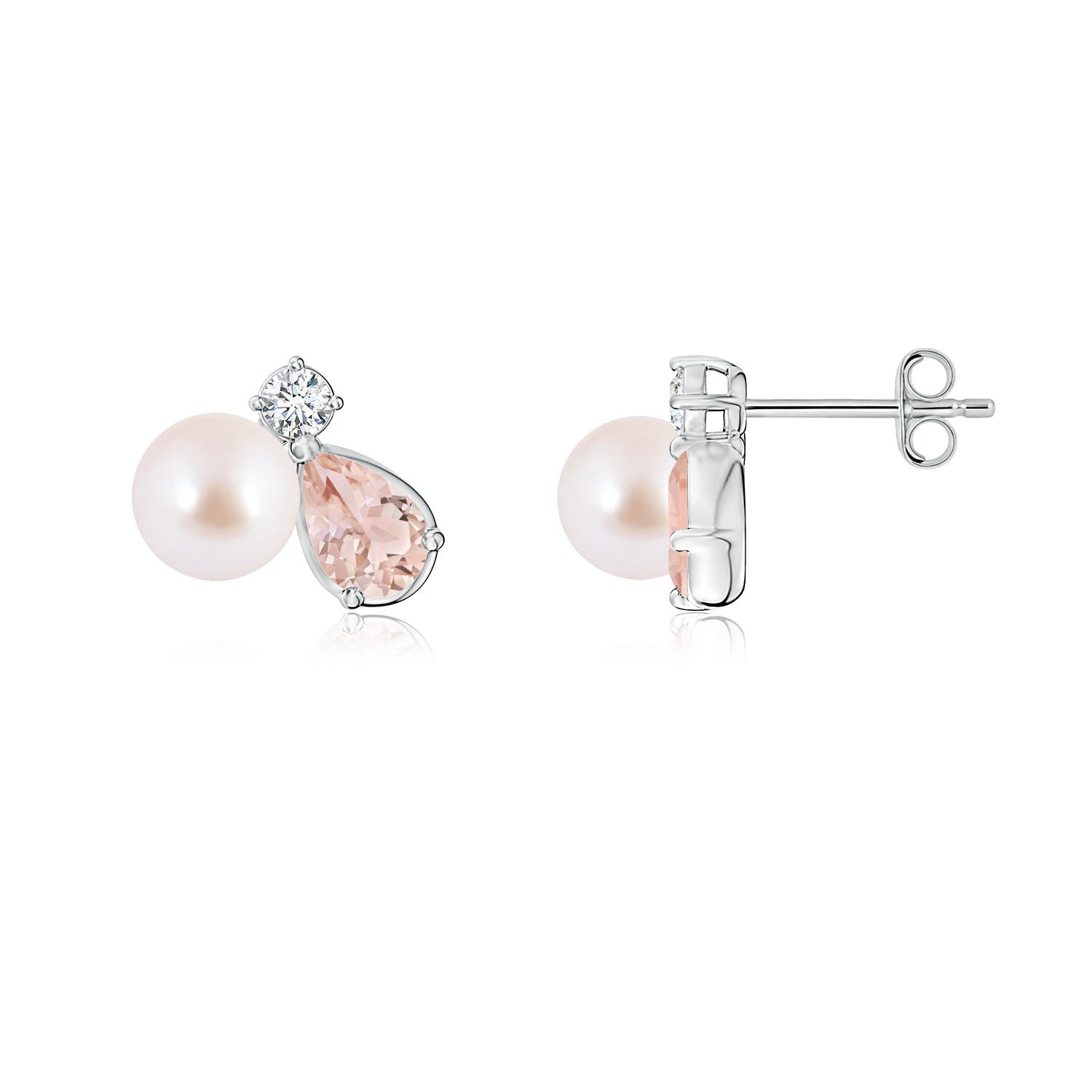 6mm AAA Akoya Pearl and Pear Morganite Cluster Stud Earrings in White Gold