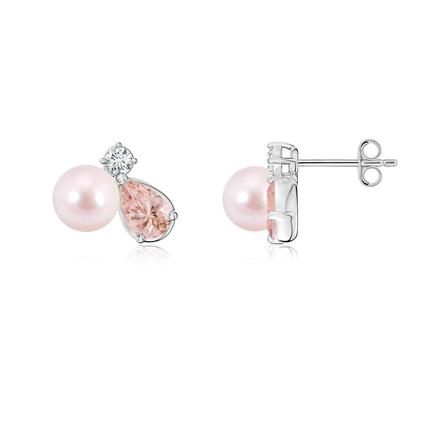 6mm AAAA Akoya Pearl and Pear Morganite Cluster Stud Earrings in White Gold