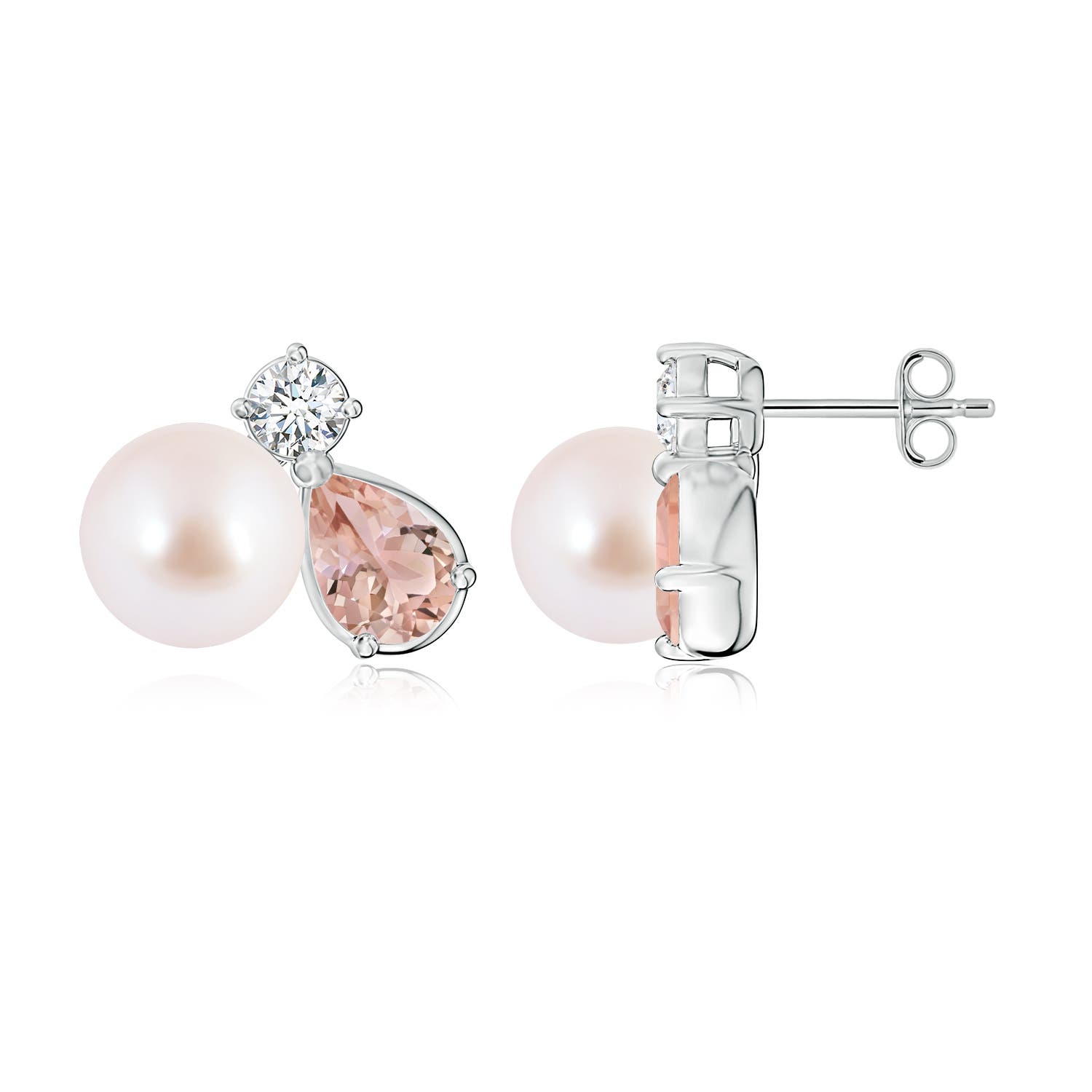 8mm AAA Akoya Pearl and Pear Morganite Cluster Stud Earrings in White Gold