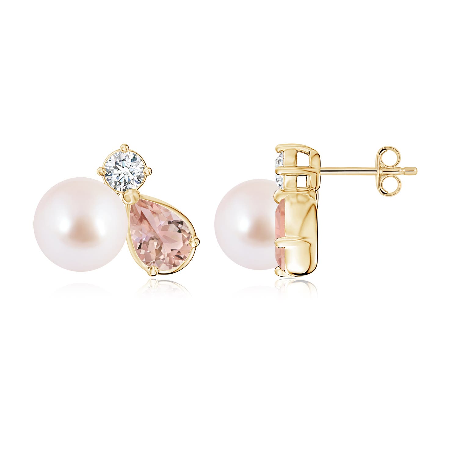 8mm AAA Akoya Pearl and Pear Morganite Cluster Stud Earrings in Yellow Gold