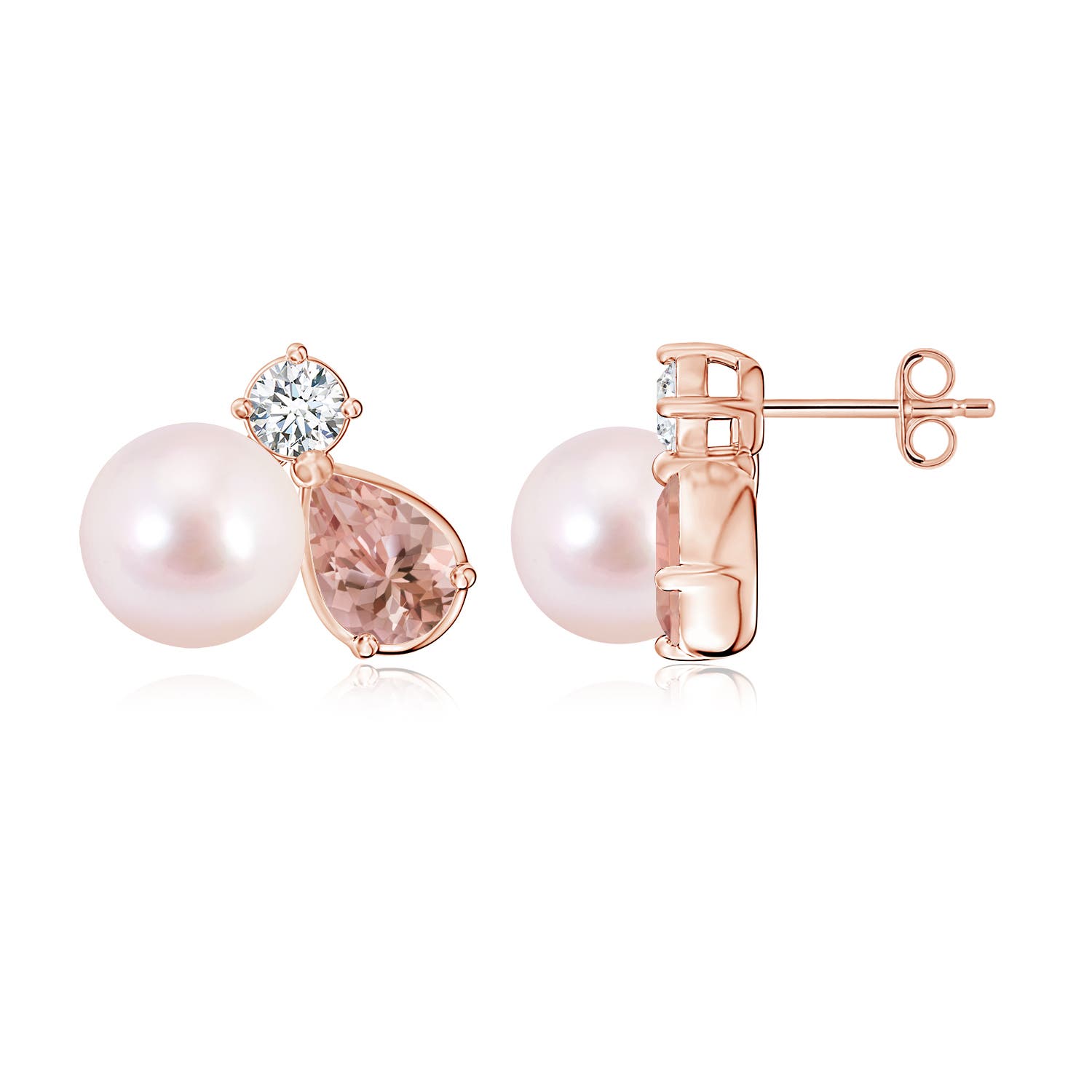 8mm AAAA Akoya Pearl and Pear Morganite Cluster Stud Earrings in Rose Gold