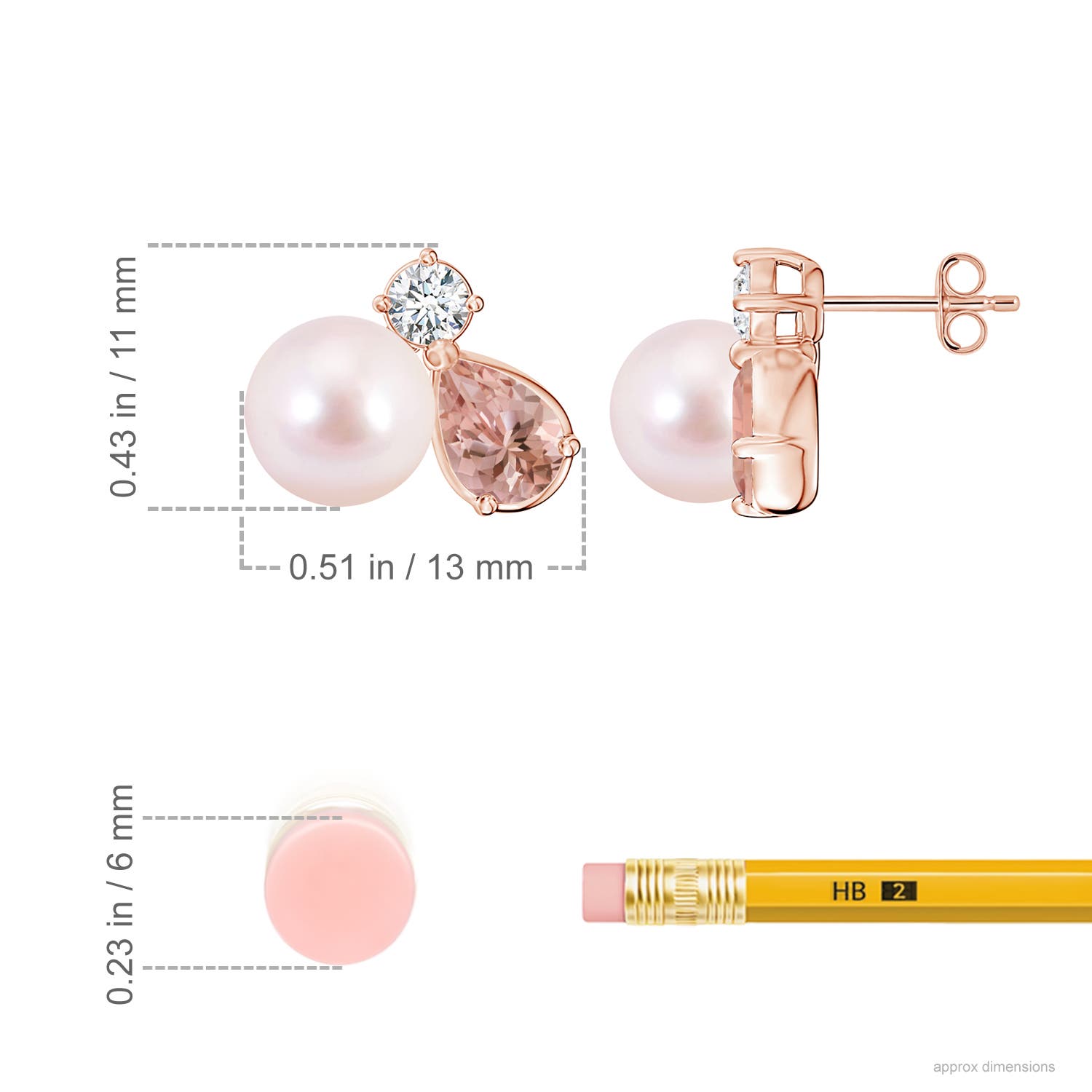 8mm AAAA Akoya Pearl and Pear Morganite Cluster Stud Earrings in Rose Gold - ruler
