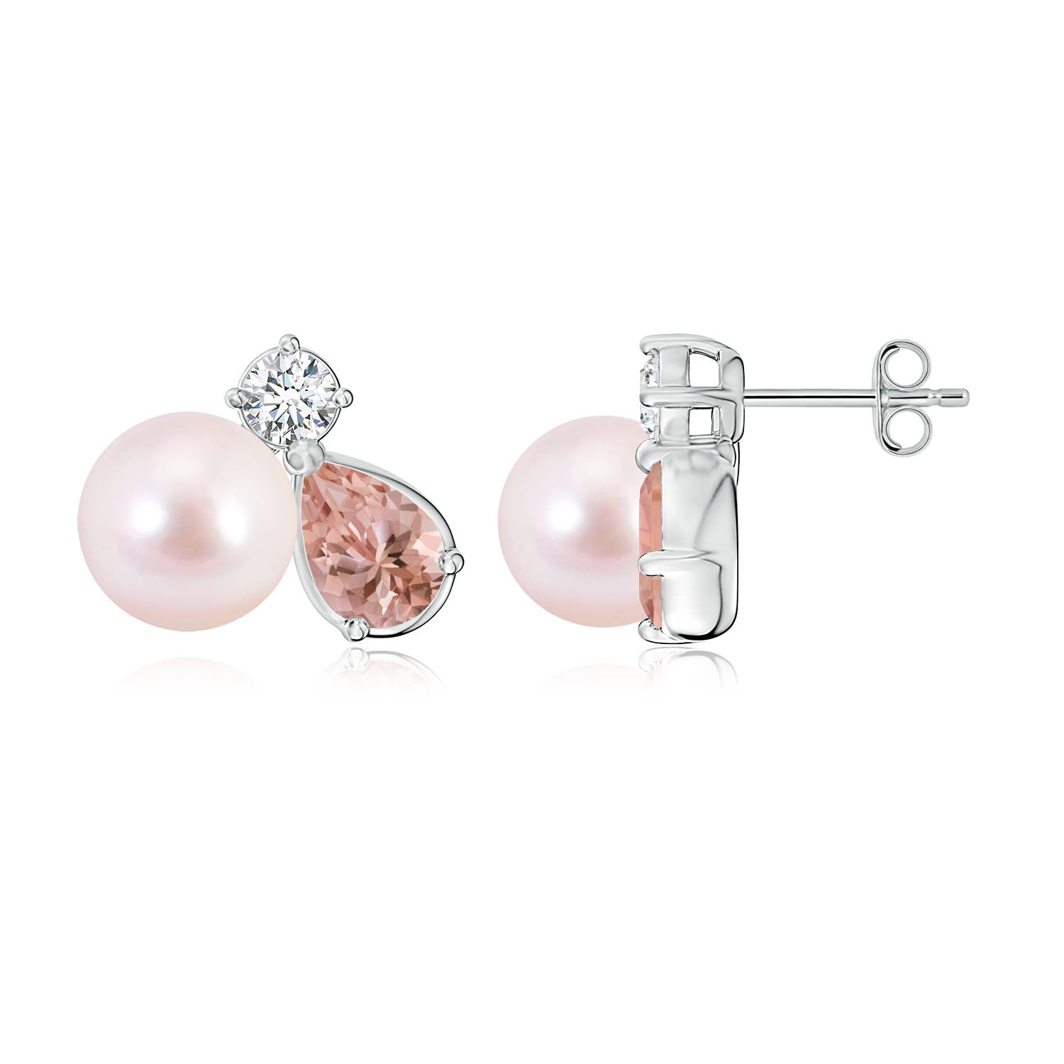 8mm AAAA Akoya Pearl and Pear Morganite Cluster Stud Earrings in White Gold