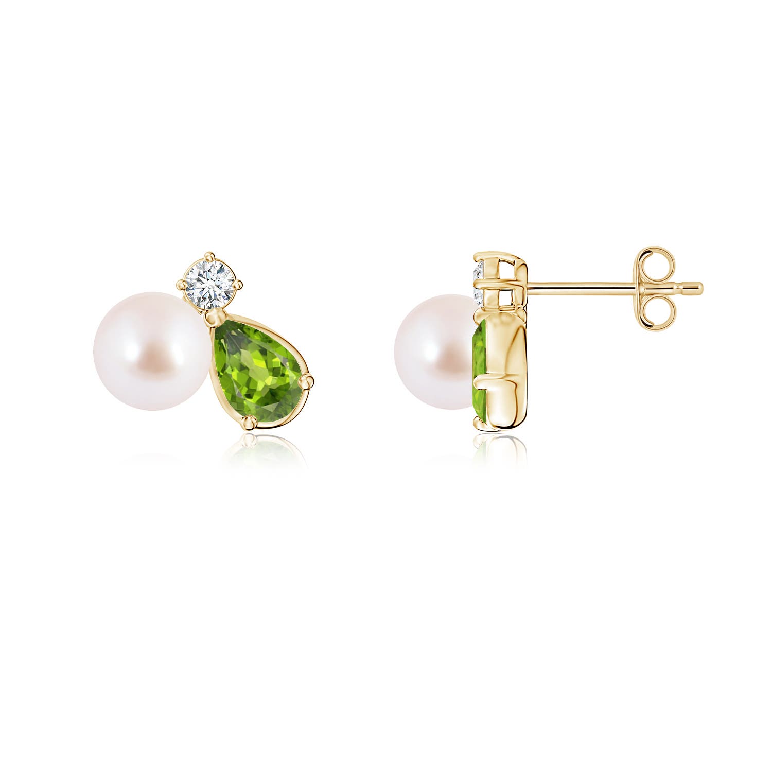 6mm AAA Akoya Pearl and Pear Peridot Cluster Stud Earrings in Yellow Gold