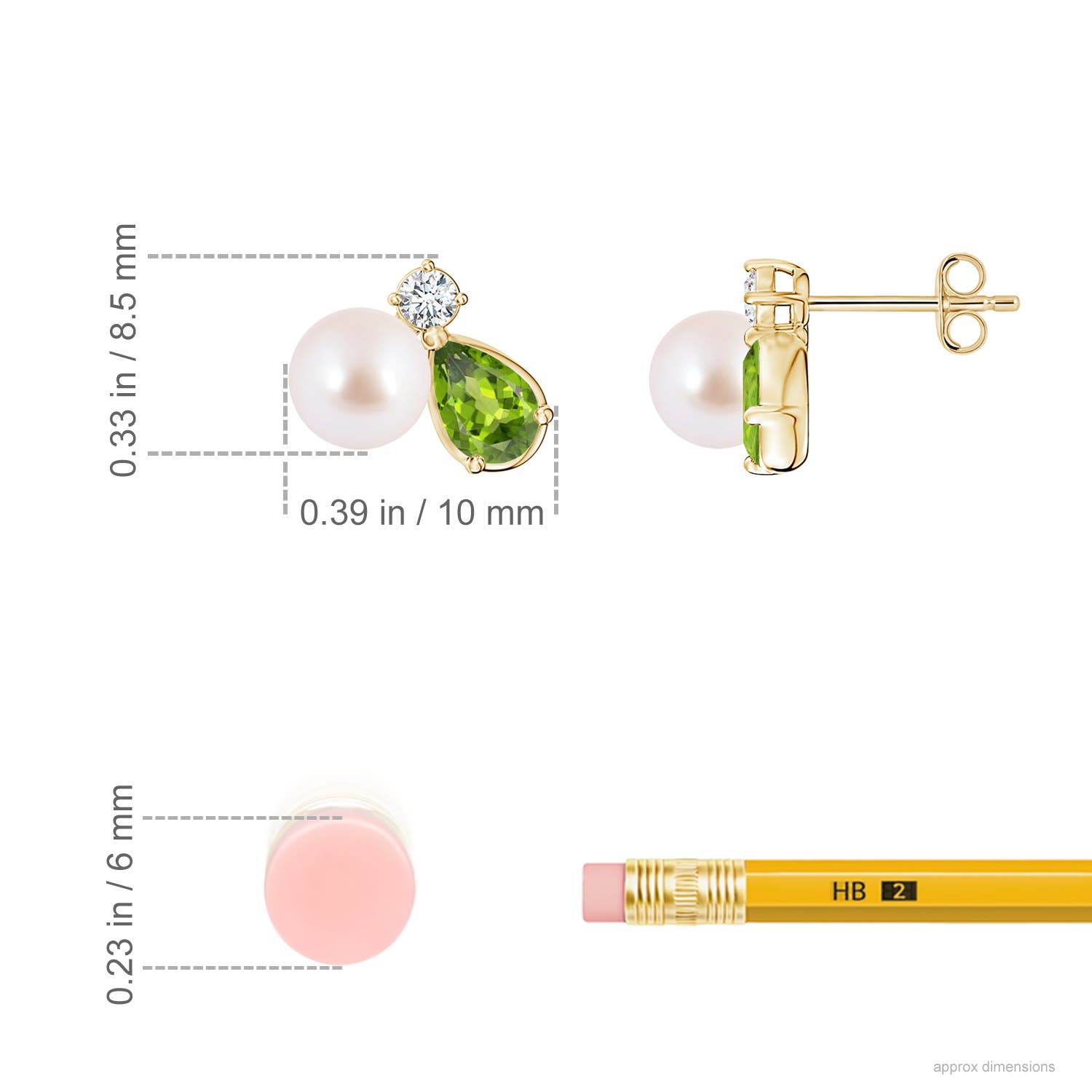 6mm AAA Akoya Pearl and Pear Peridot Cluster Stud Earrings in Yellow Gold - ruler