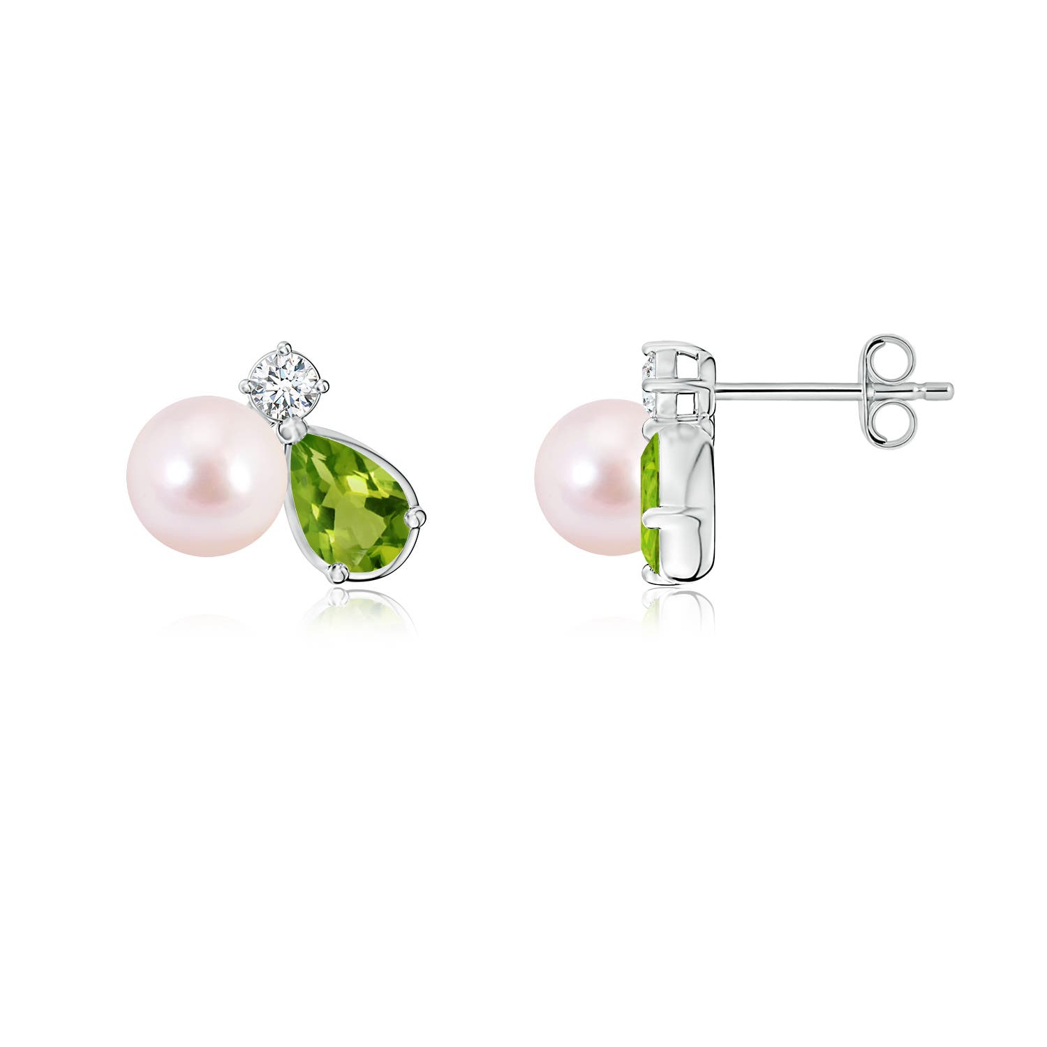 6mm AAAA Akoya Pearl and Pear Peridot Cluster Stud Earrings in White Gold