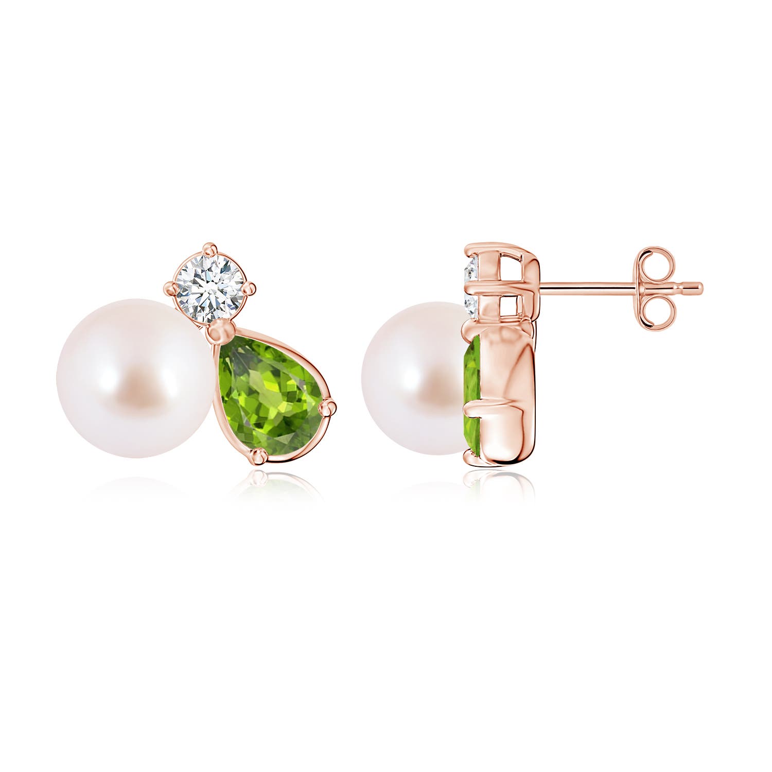 8mm AAA Akoya Pearl and Pear Peridot Cluster Stud Earrings in 18K Rose Gold
