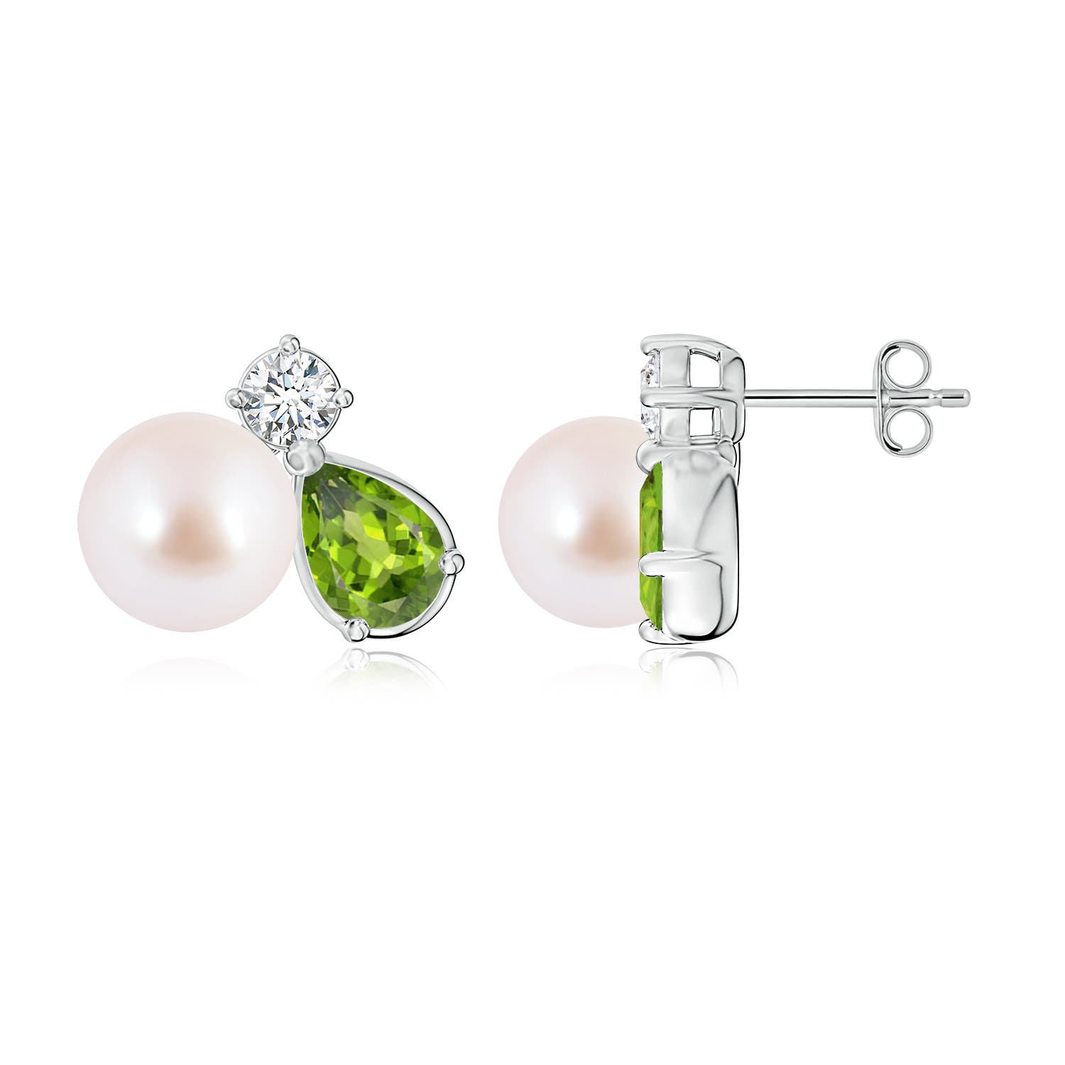 8mm AAA Akoya Pearl and Pear Peridot Cluster Stud Earrings in White Gold