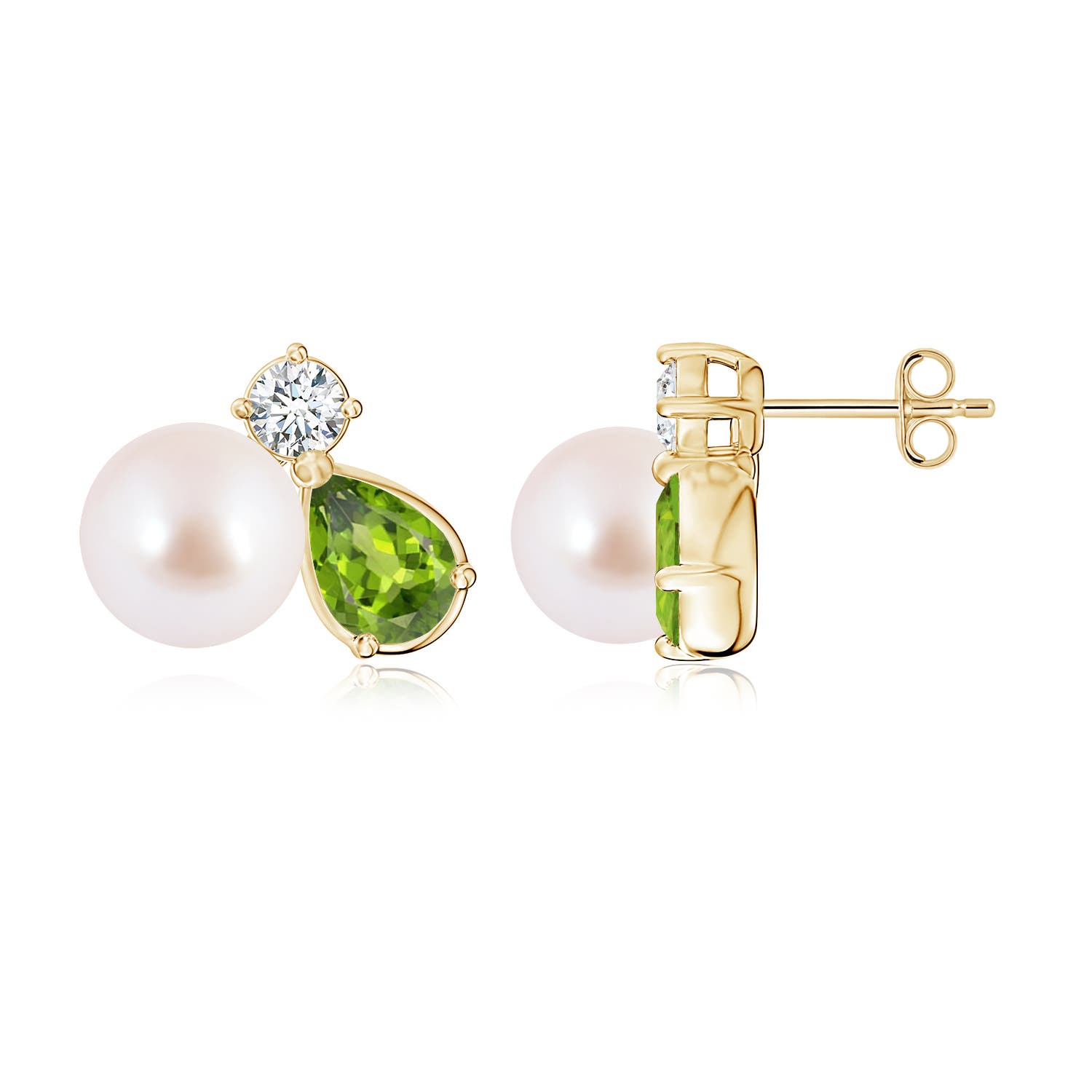 8mm AAA Akoya Pearl and Pear Peridot Cluster Stud Earrings in Yellow Gold