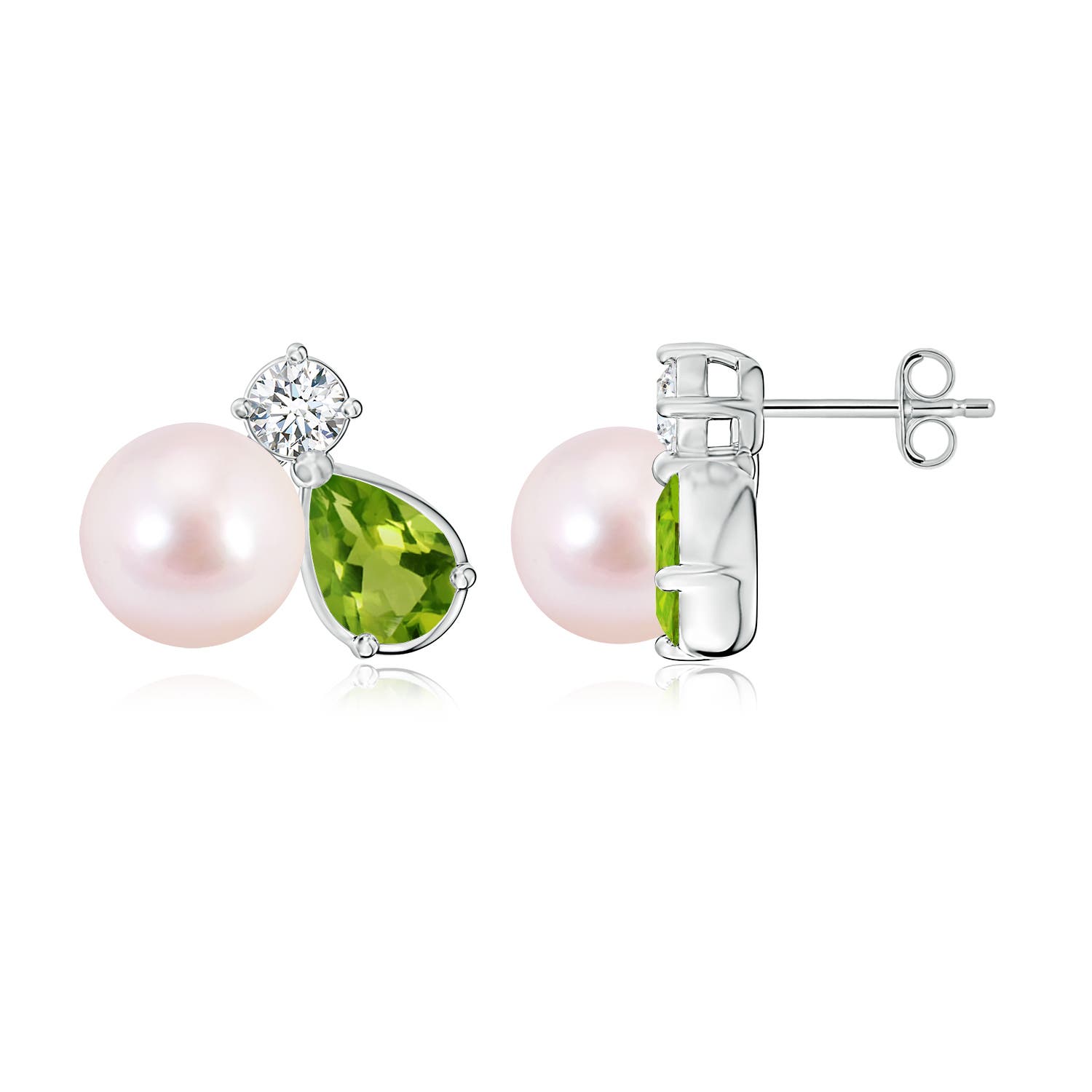 8mm AAAA Akoya Pearl and Pear Peridot Cluster Stud Earrings in White Gold
