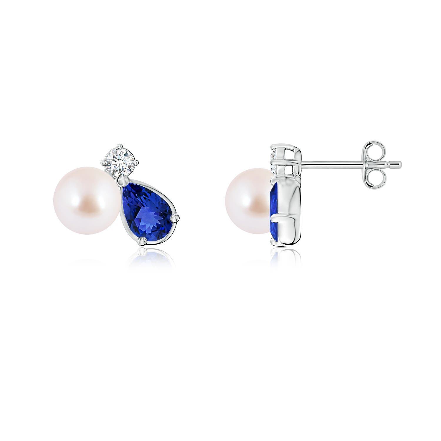 6mm AAA Akoya Pearl and Pear Tanzanite Cluster Stud Earrings in White Gold