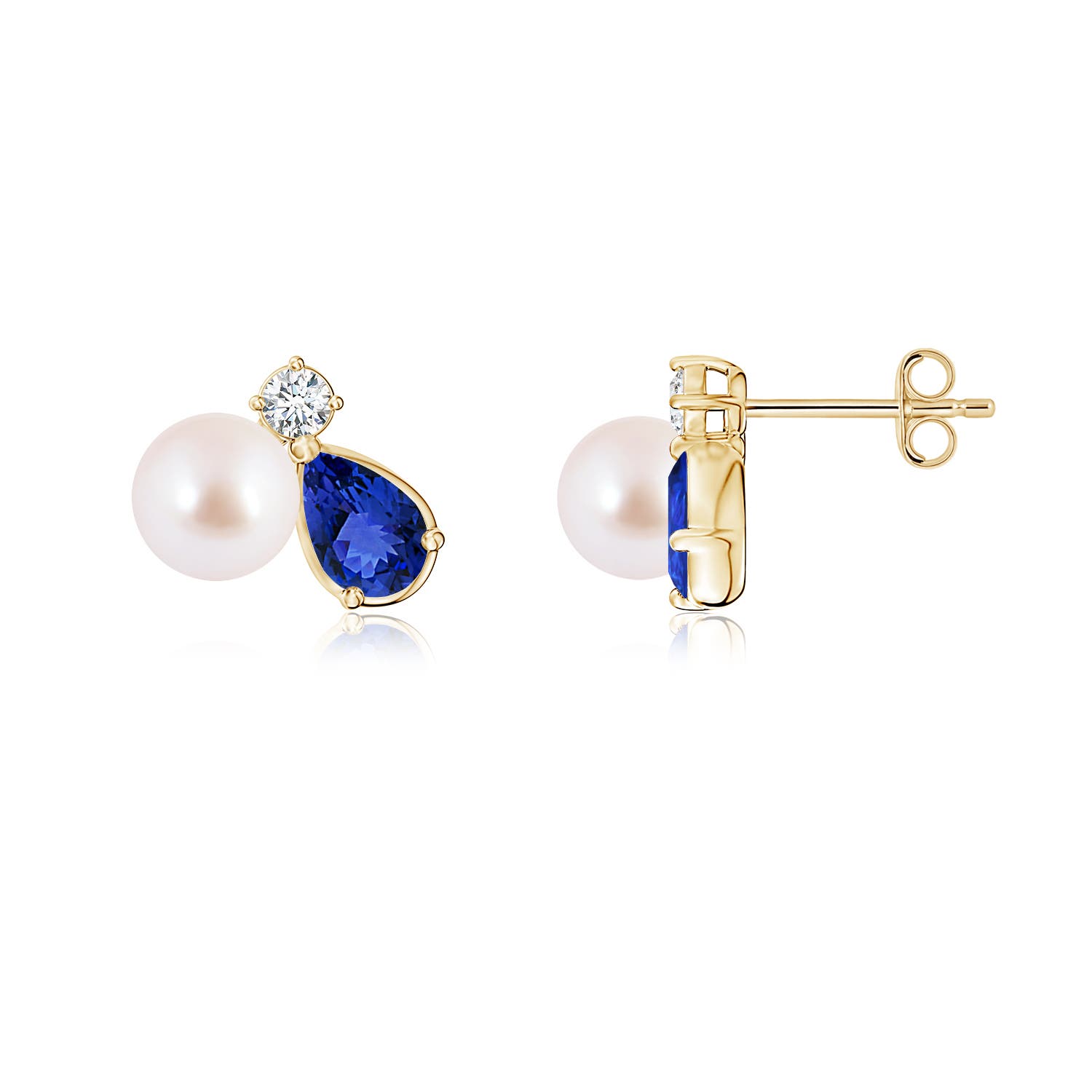 6mm AAA Akoya Pearl and Pear Tanzanite Cluster Stud Earrings in Yellow Gold
