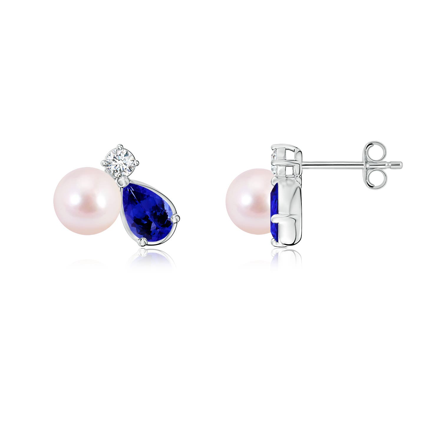 6mm AAAA Akoya Pearl and Pear Tanzanite Cluster Stud Earrings in White Gold