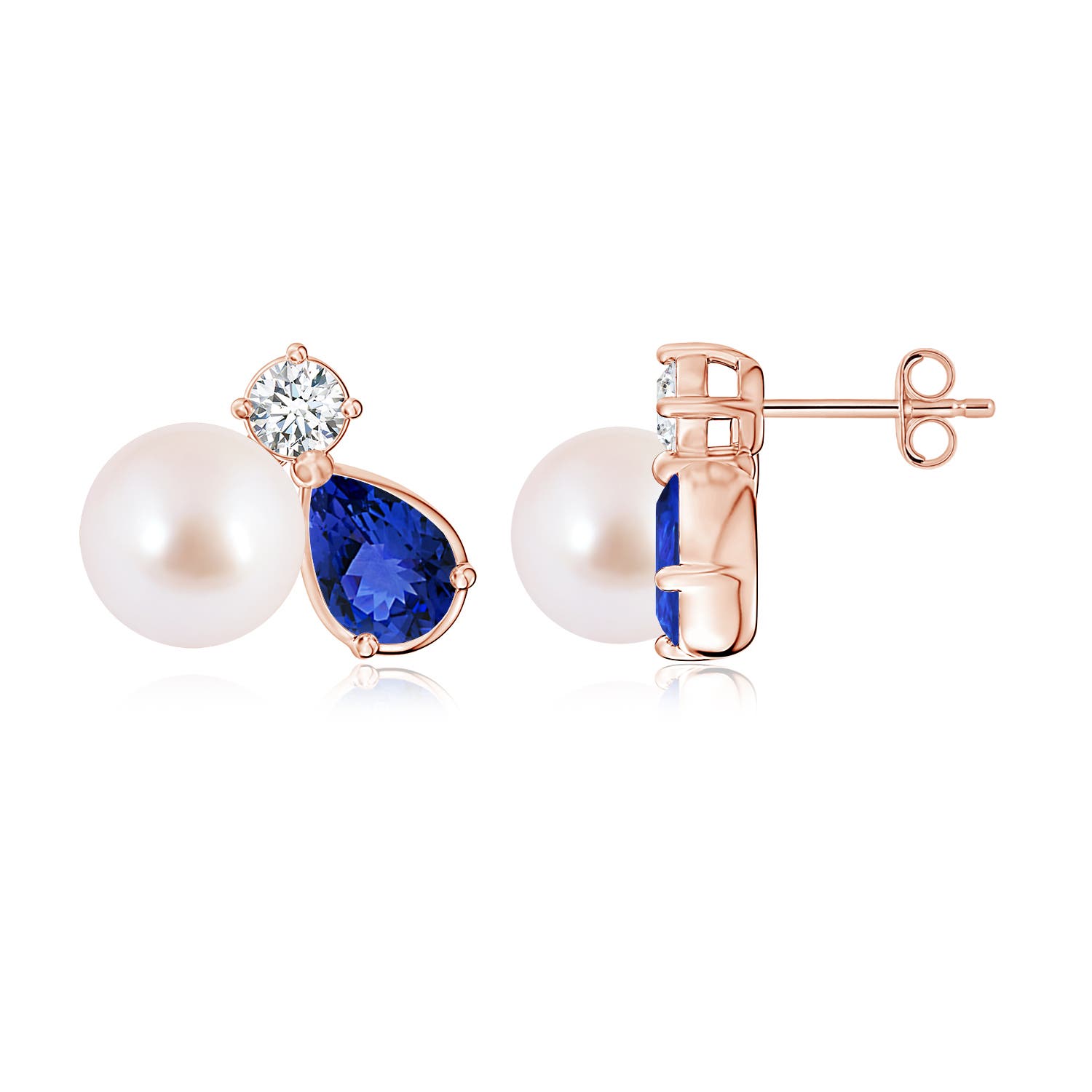 8mm AAA Akoya Pearl and Pear Tanzanite Cluster Stud Earrings in Rose Gold