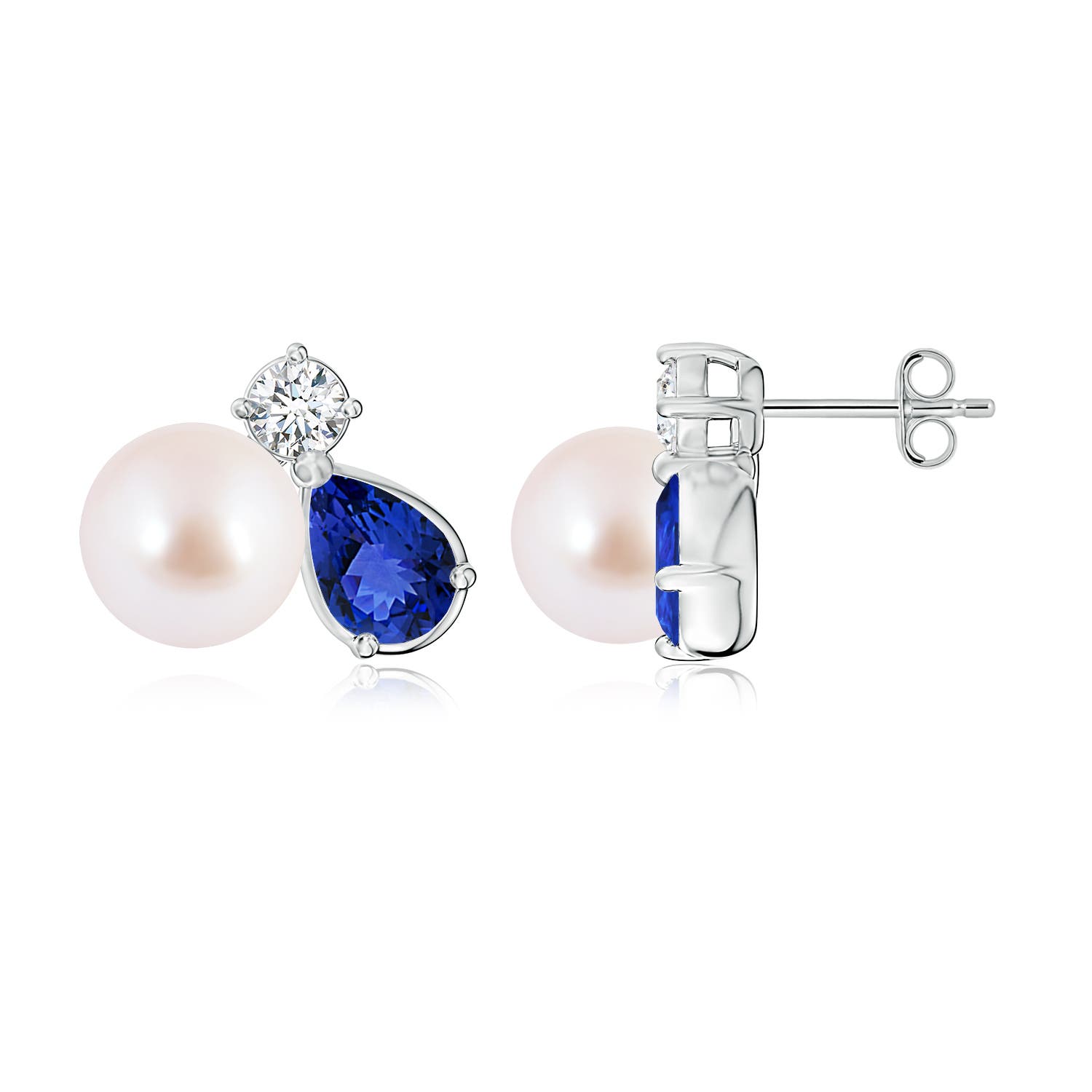 8mm AAA Akoya Pearl and Pear Tanzanite Cluster Stud Earrings in White Gold
