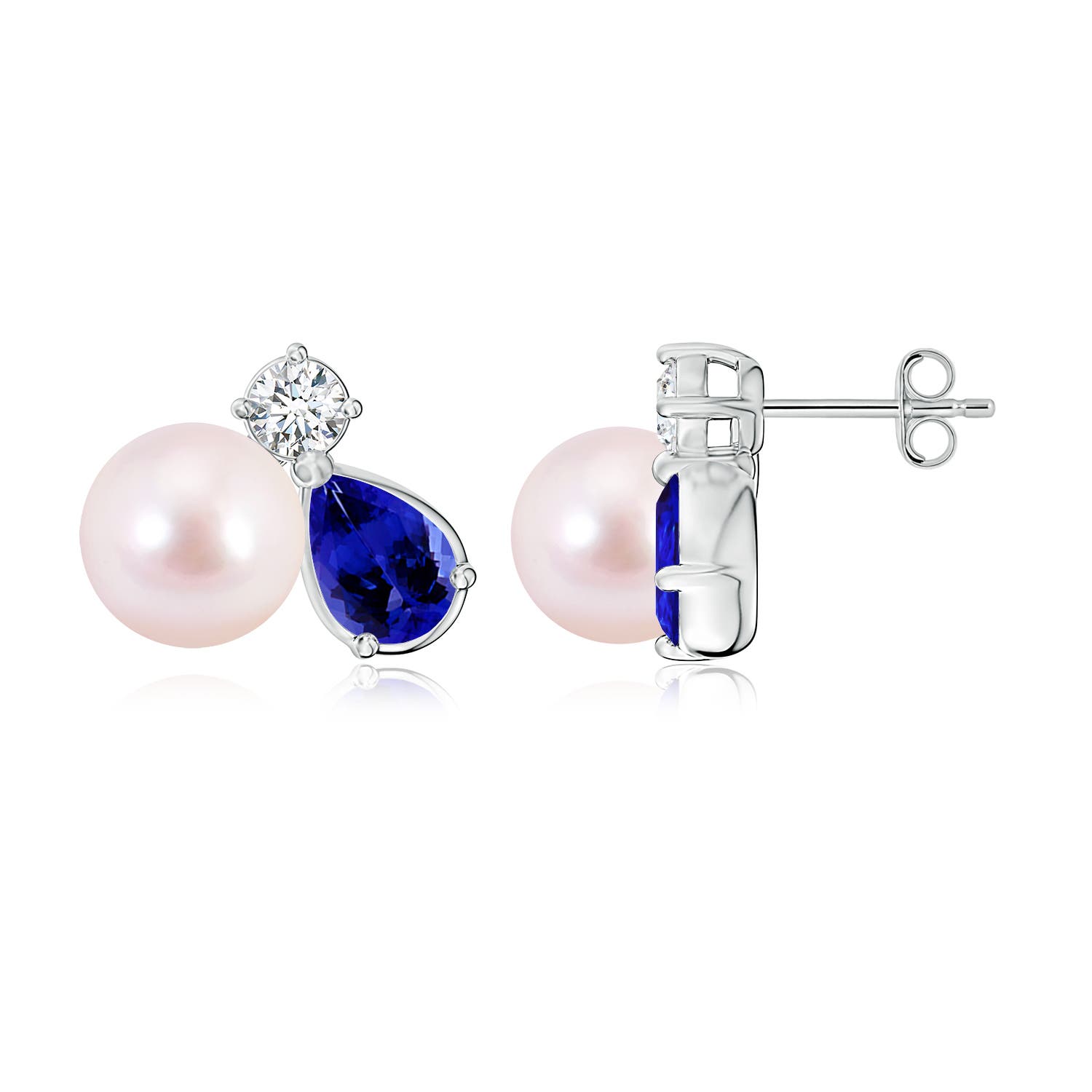 8mm AAAA Akoya Pearl and Pear Tanzanite Cluster Stud Earrings in White Gold