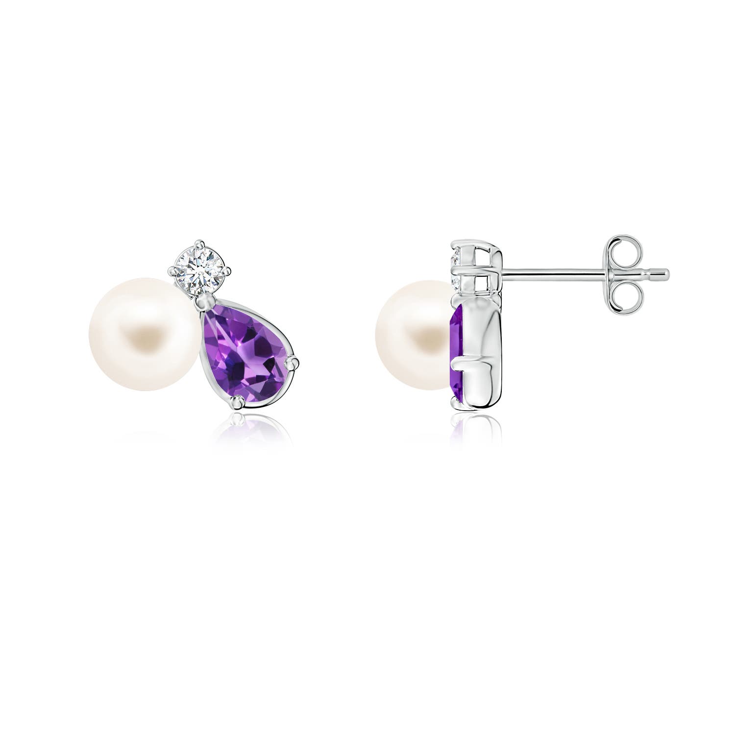 6mm AAA Freshwater Pearl and Pear Amethyst Cluster Stud Earrings in 18K White Gold