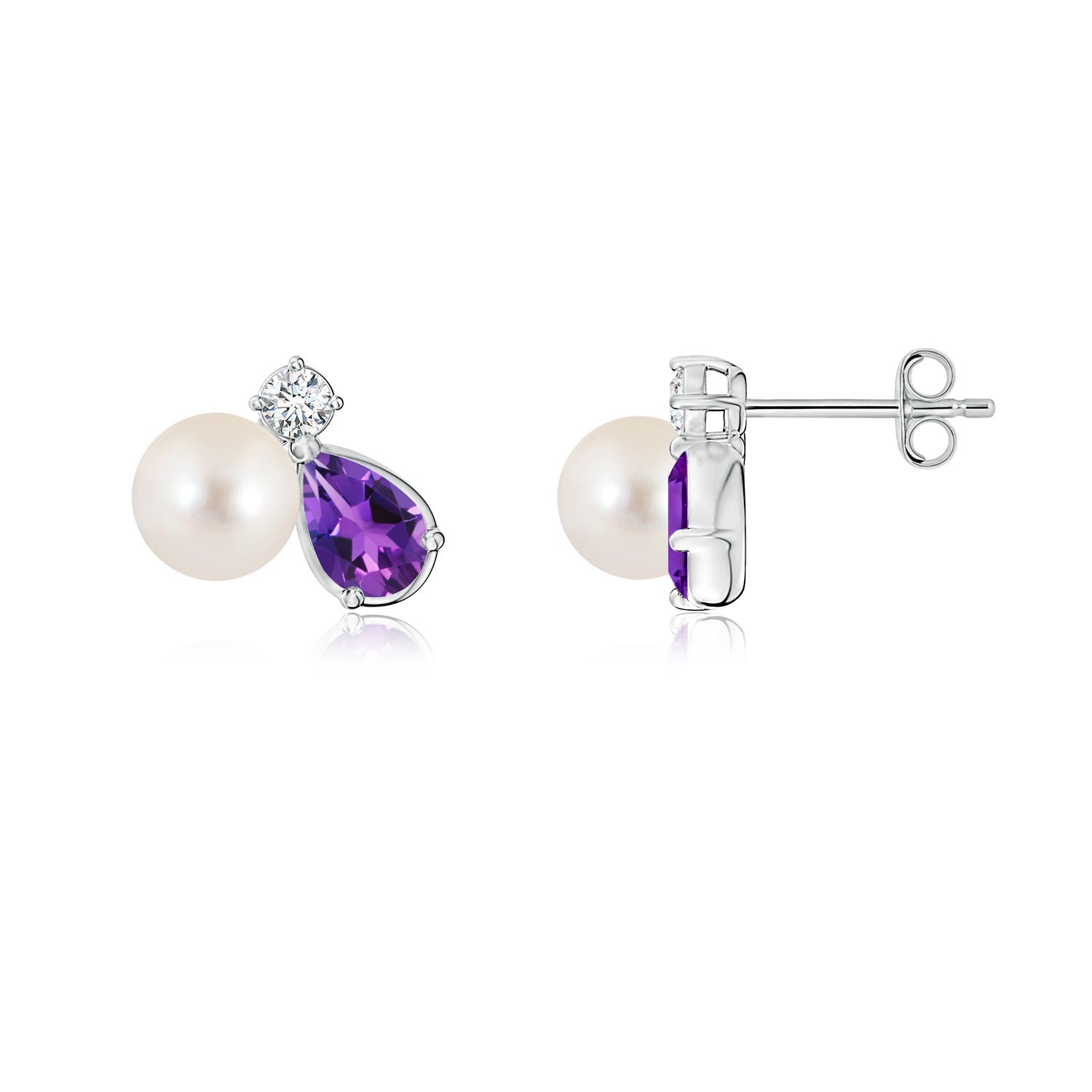 6mm AAAA Freshwater Pearl and Pear Amethyst Cluster Stud Earrings in White Gold