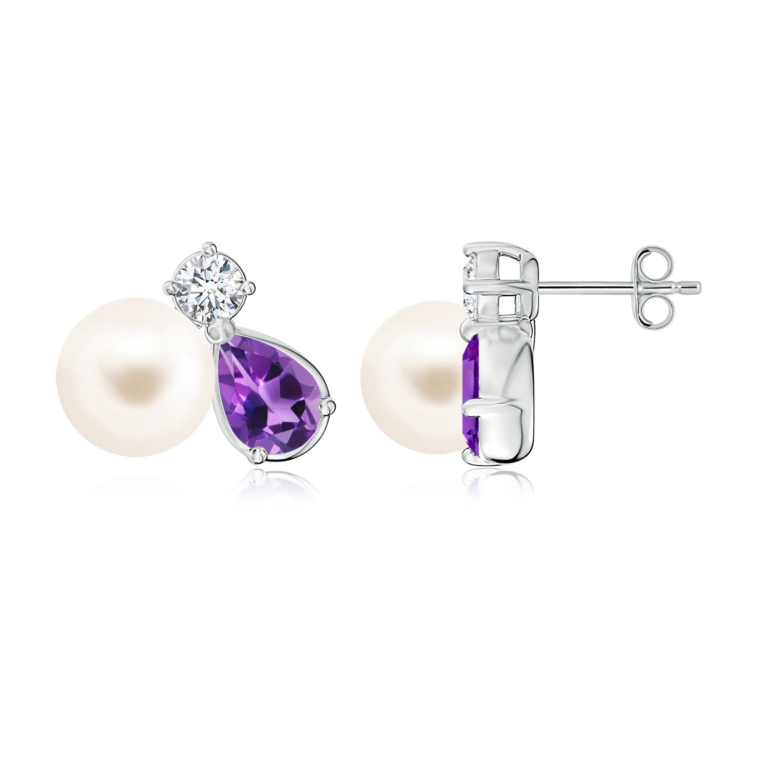 8mm AAA Freshwater Pearl and Pear Amethyst Cluster Stud Earrings in White Gold