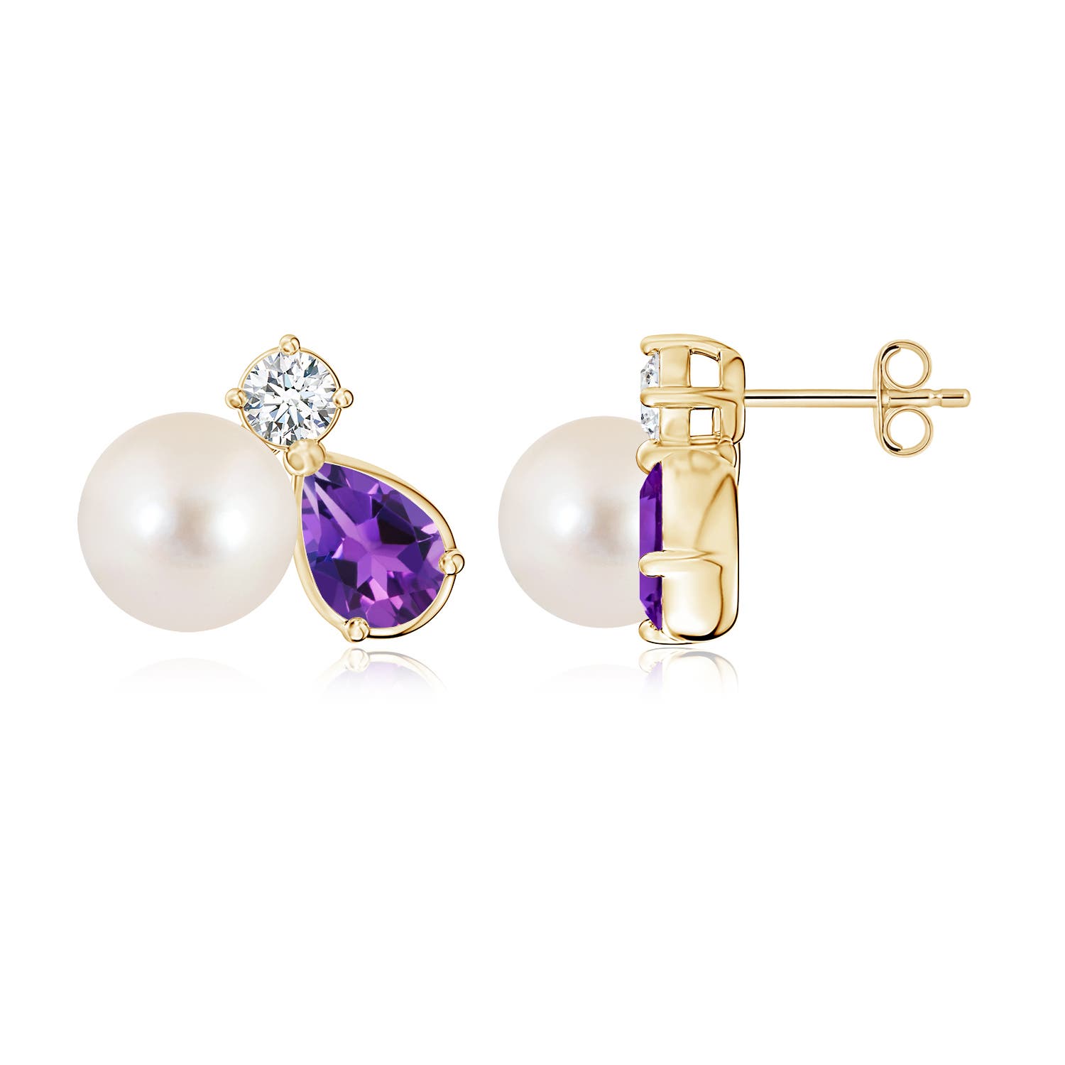 8mm AAAA Freshwater Pearl and Pear Amethyst Cluster Stud Earrings in Yellow Gold