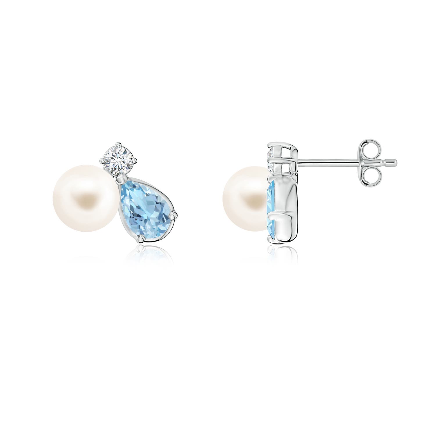 6mm AAA Freshwater Pearl and Pear Aquamarine Cluster Stud Earrings in 18K White Gold