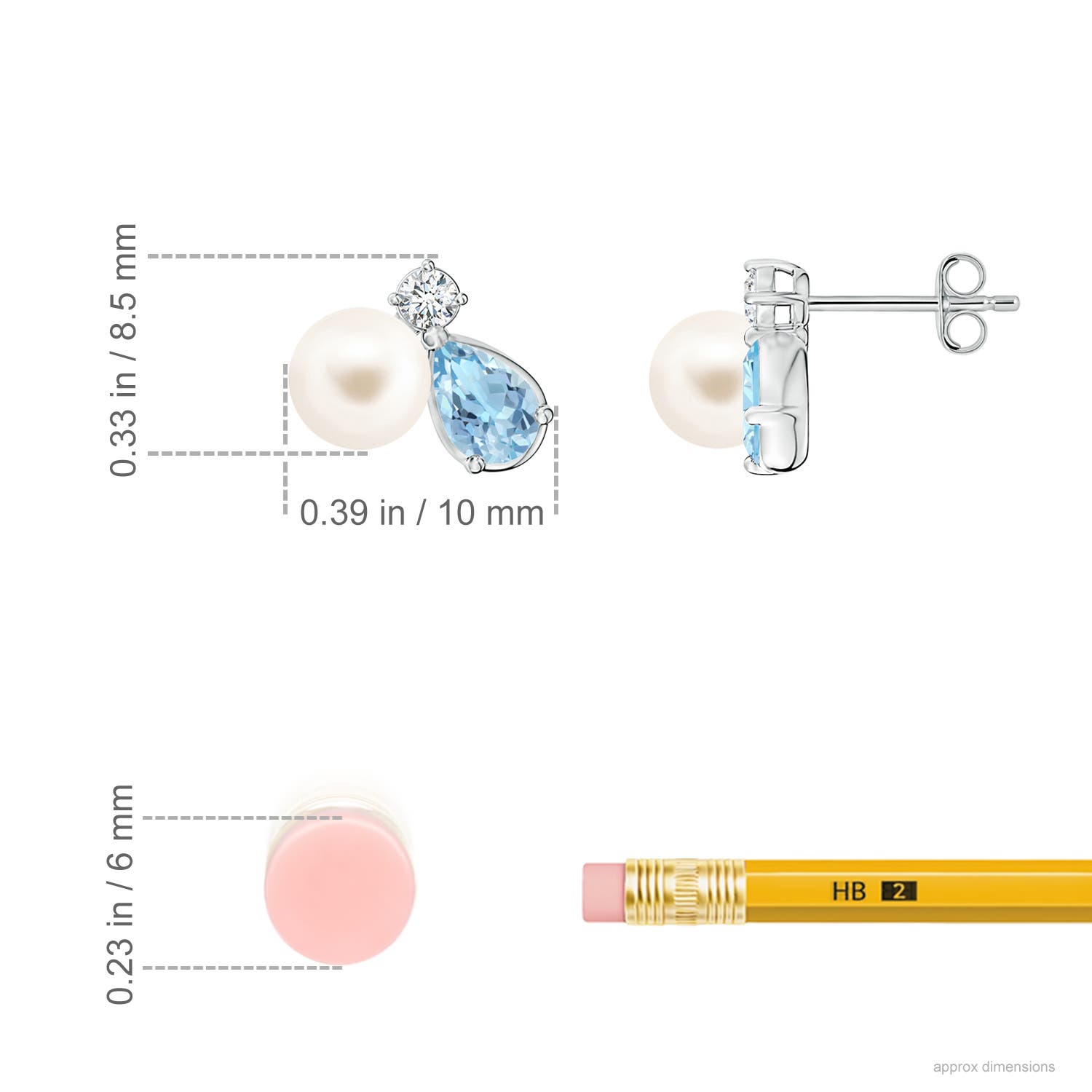 6mm AAA Freshwater Pearl and Pear Aquamarine Cluster Stud Earrings in White Gold - ruler