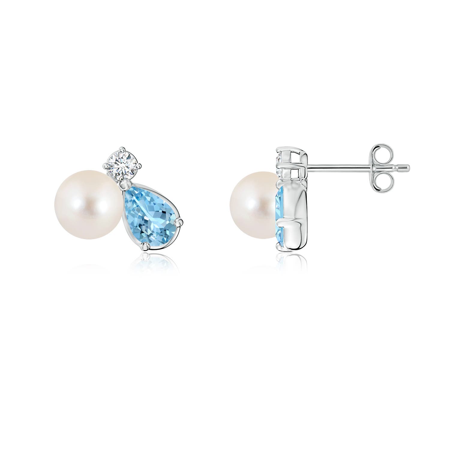 6mm AAAA Freshwater Pearl and Pear Aquamarine Cluster Stud Earrings in White Gold