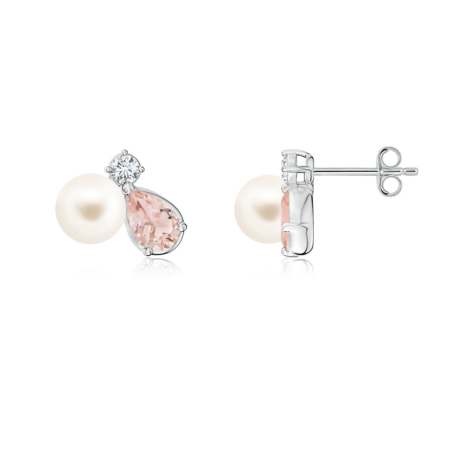 6mm AAA Freshwater Pearl and Pear Morganite Cluster Stud Earrings in White Gold