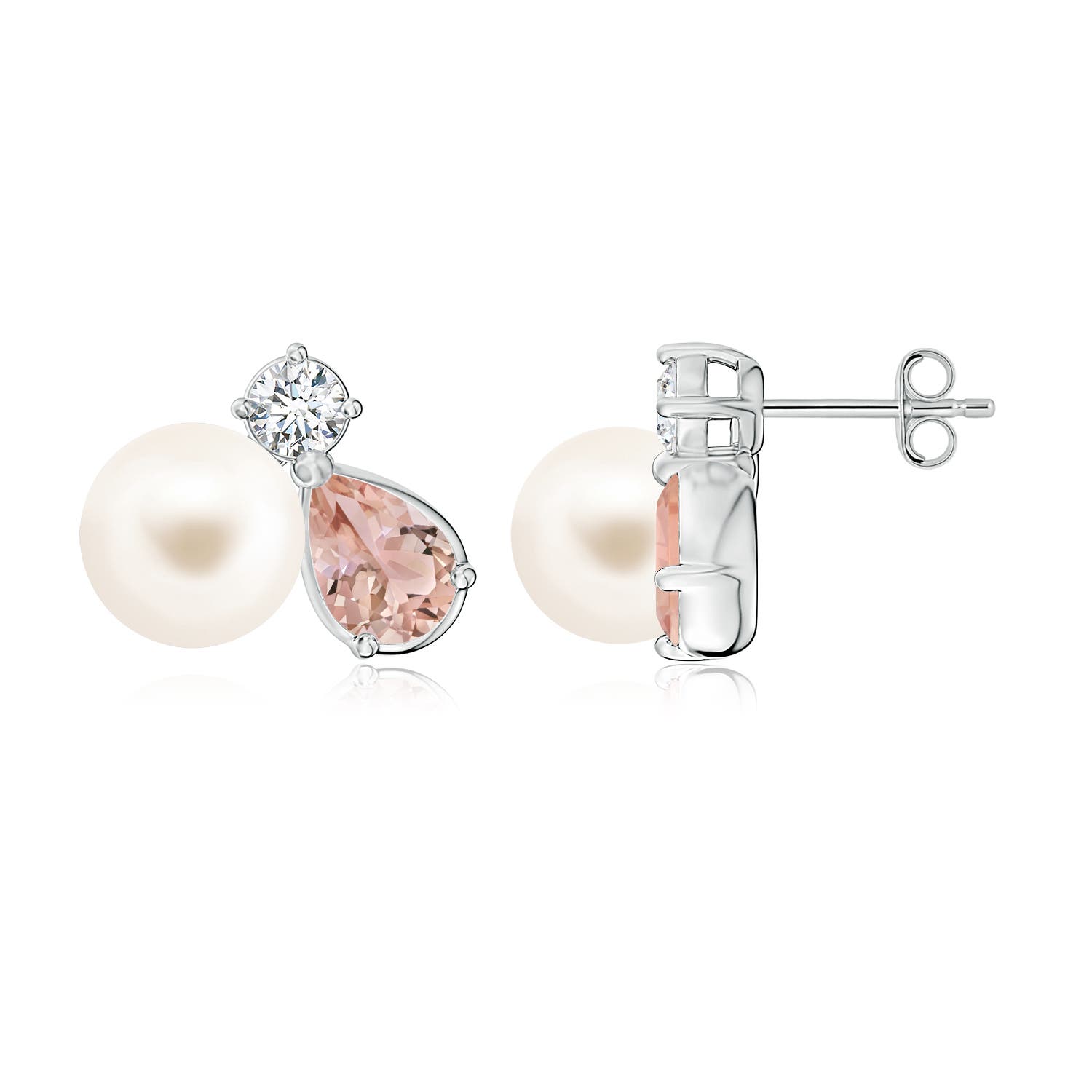 8mm AAA Freshwater Pearl and Pear Morganite Cluster Stud Earrings in White Gold