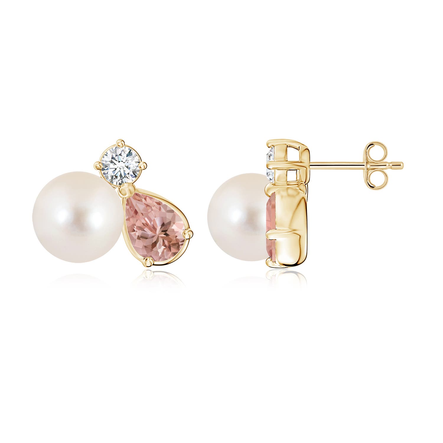 8mm AAAA Freshwater Pearl and Pear Morganite Cluster Stud Earrings in Yellow Gold