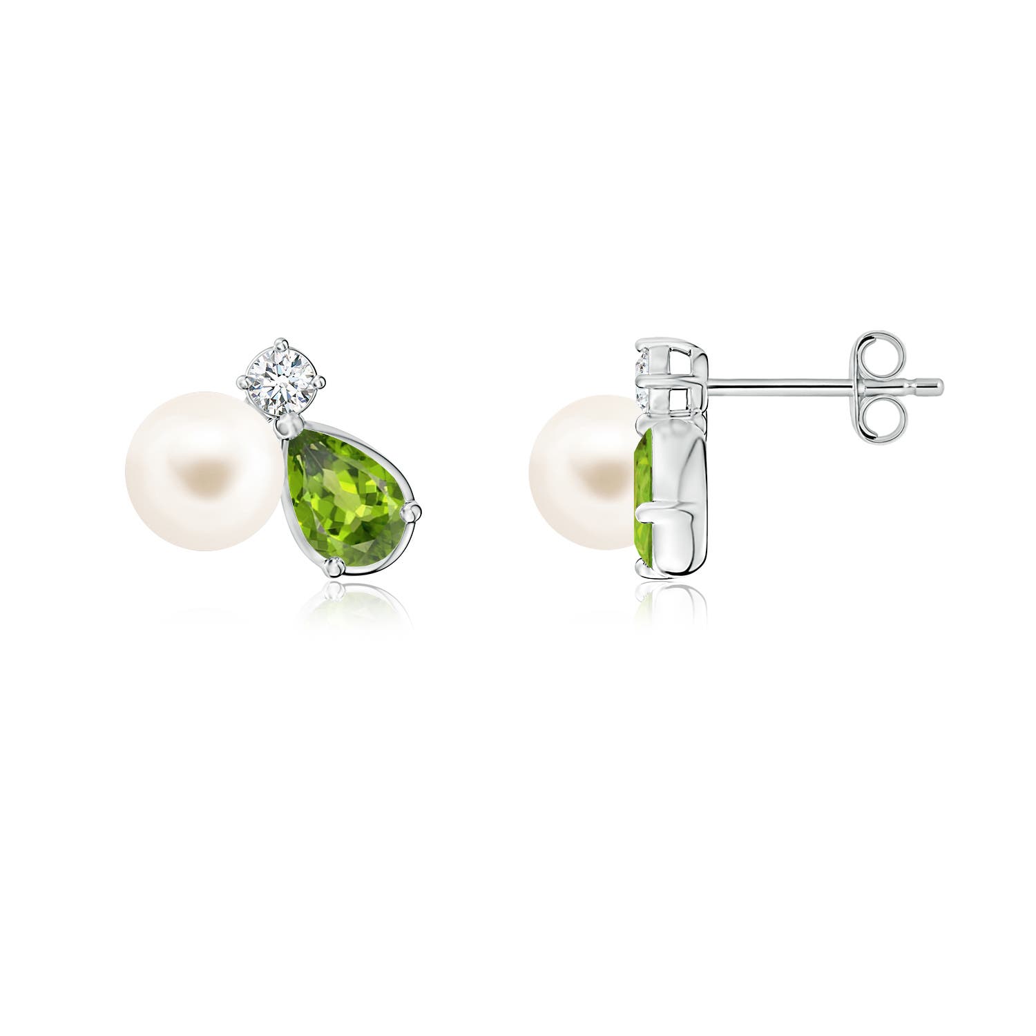 6mm AAA Freshwater Pearl and Pear Peridot Cluster Stud Earrings in White Gold