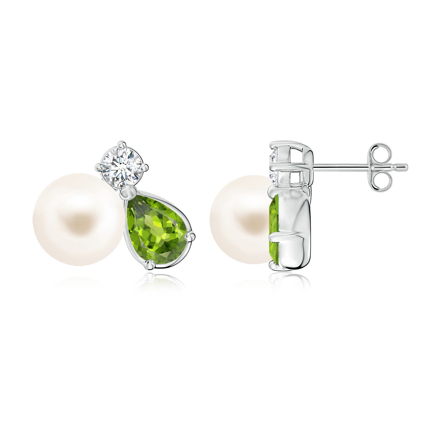 8mm AAA Freshwater Pearl and Pear Peridot Cluster Stud Earrings in White Gold