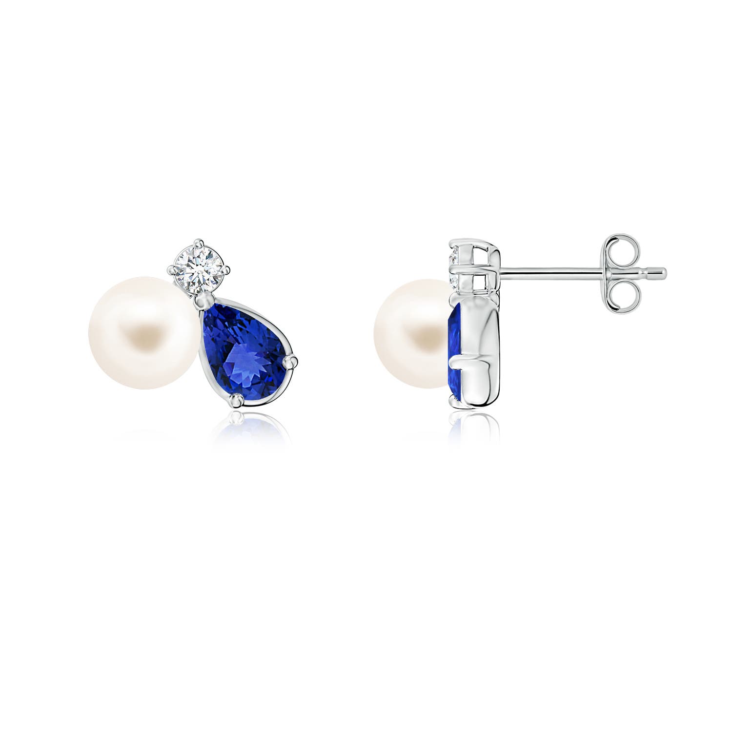 6mm AAA Freshwater Pearl and Pear Tanzanite Cluster Stud Earrings in 18K White Gold