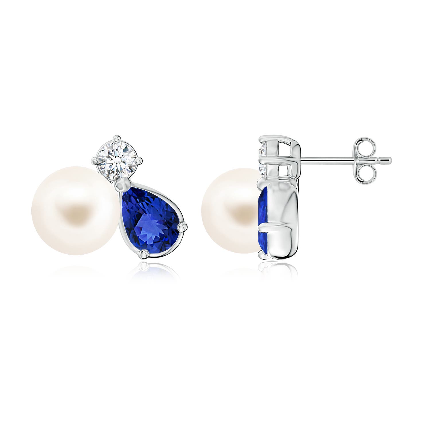 8mm AAA Freshwater Pearl and Pear Tanzanite Cluster Stud Earrings in White Gold