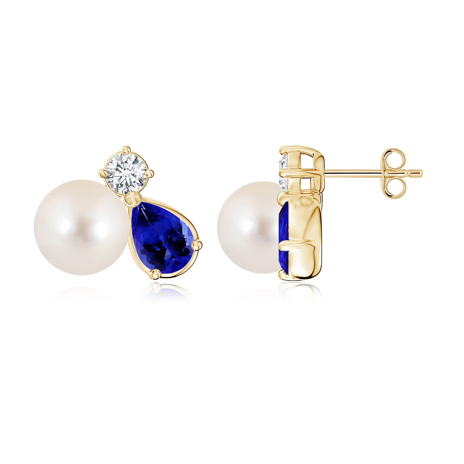 8mm AAAA Freshwater Pearl and Pear Tanzanite Cluster Stud Earrings in Yellow Gold