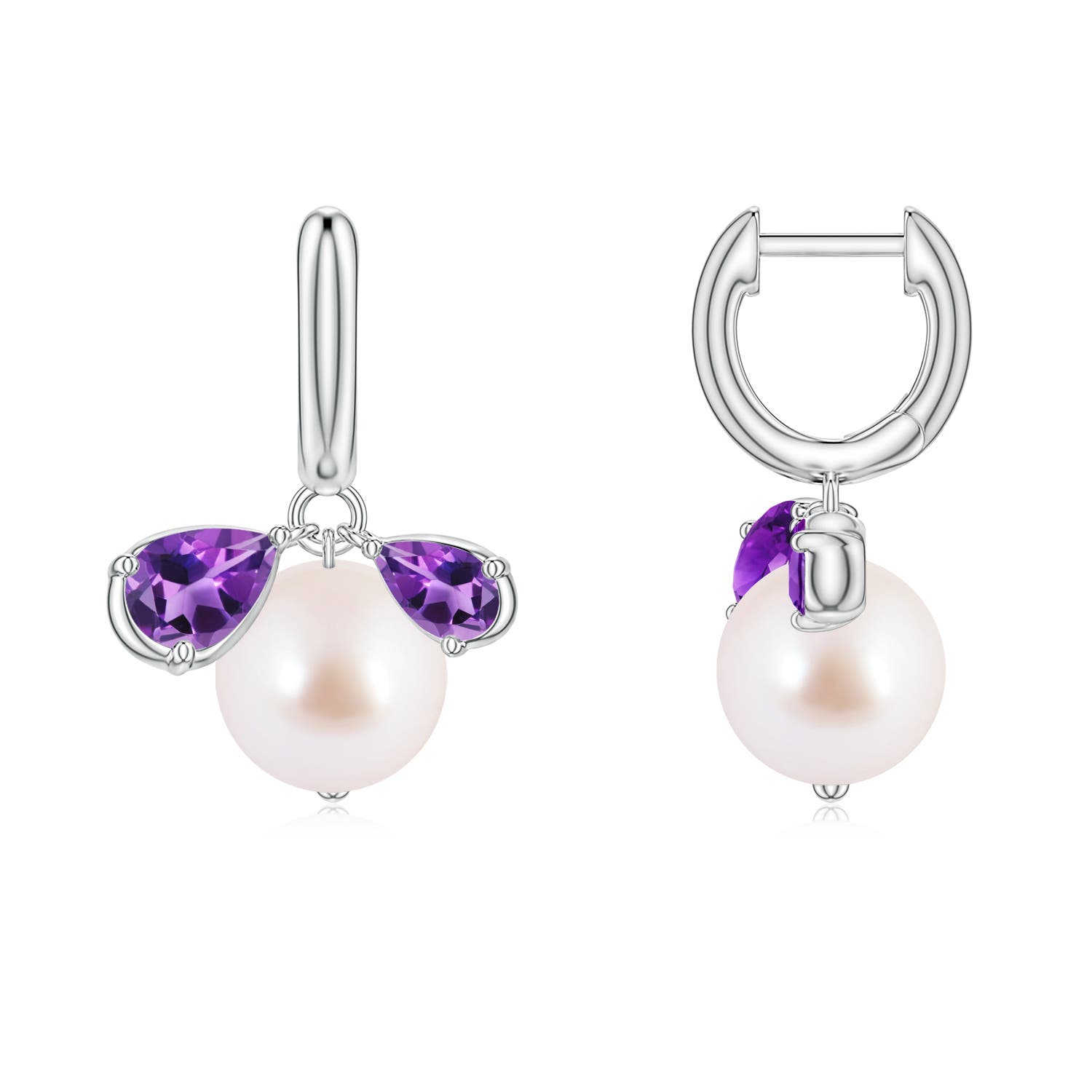 8mm AAA Akoya Pearl and Pear Amethyst Huggie Hoop Drop Earrings in 18CT White Gold