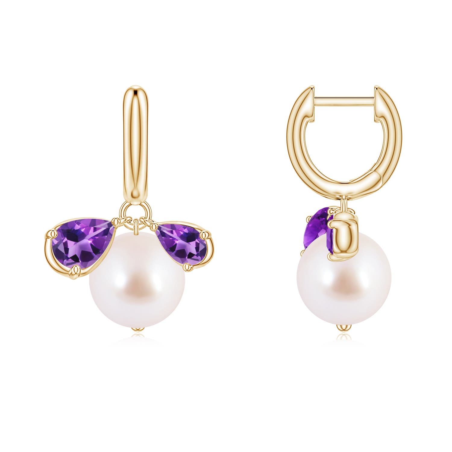 8mm AAA Akoya Pearl and Pear Amethyst Huggie Hoop Drop Earrings in Yellow Gold