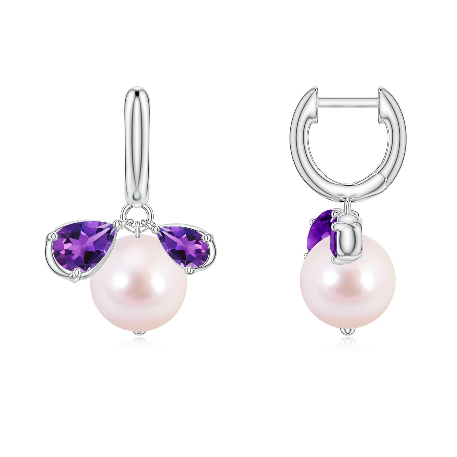 8mm AAAA Akoya Pearl and Pear Amethyst Huggie Hoop Drop Earrings in White Gold