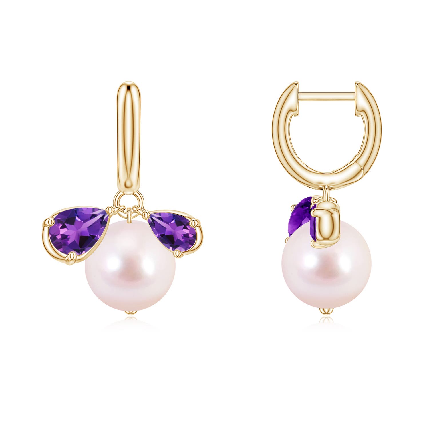 8mm AAAA Akoya Pearl and Pear Amethyst Huggie Hoop Drop Earrings in Yellow Gold
