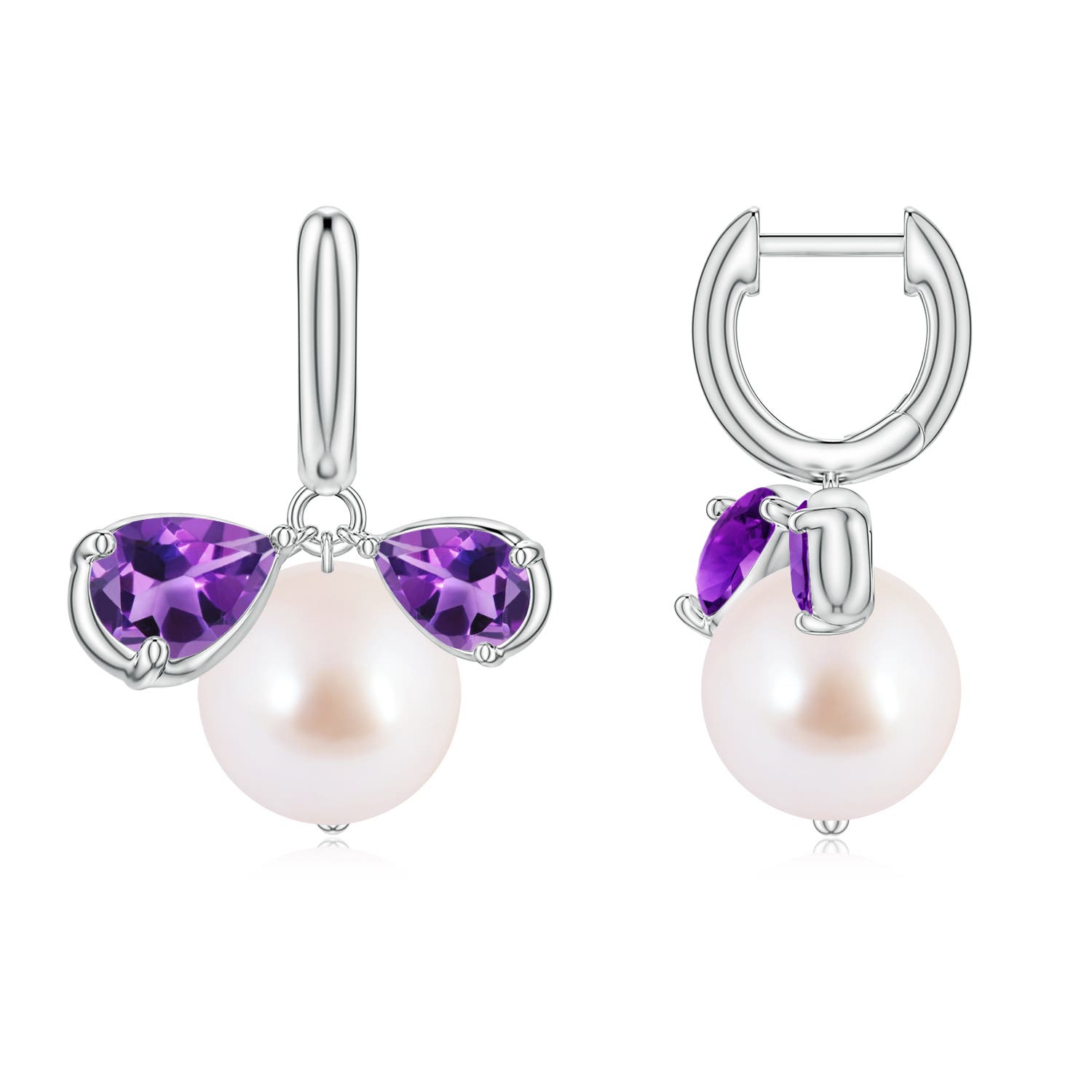 9mm AAA Akoya Pearl and Pear Amethyst Huggie Hoop Drop Earrings in 18K White Gold