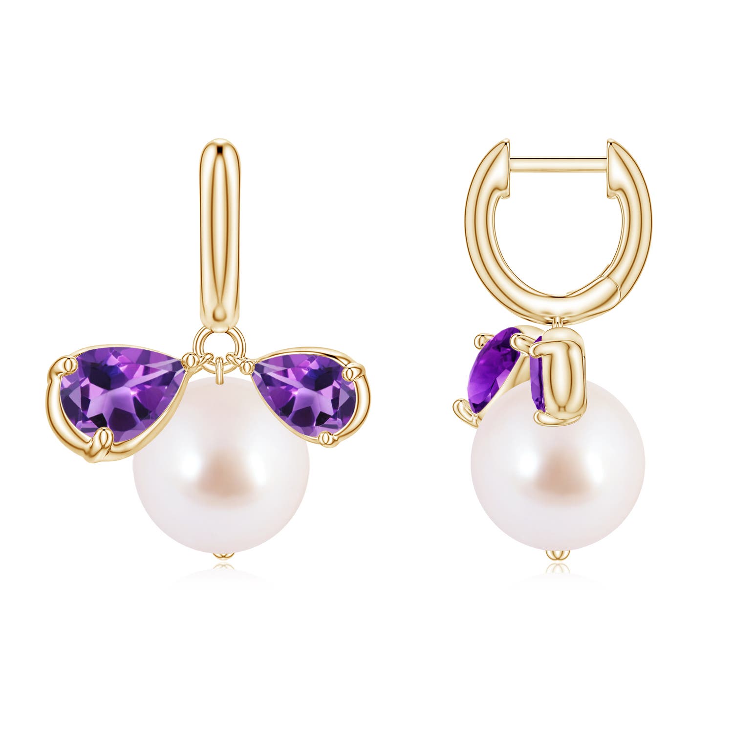 9mm AAA Akoya Pearl and Pear Amethyst Huggie Hoop Drop Earrings in Yellow Gold