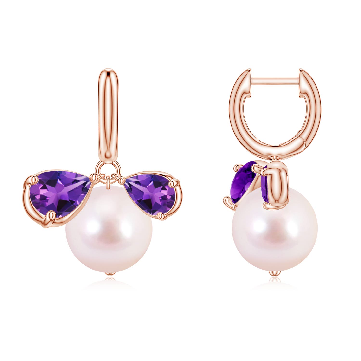 9mm AAAA Akoya Pearl and Pear Amethyst Huggie Hoop Drop Earrings in Rose Gold